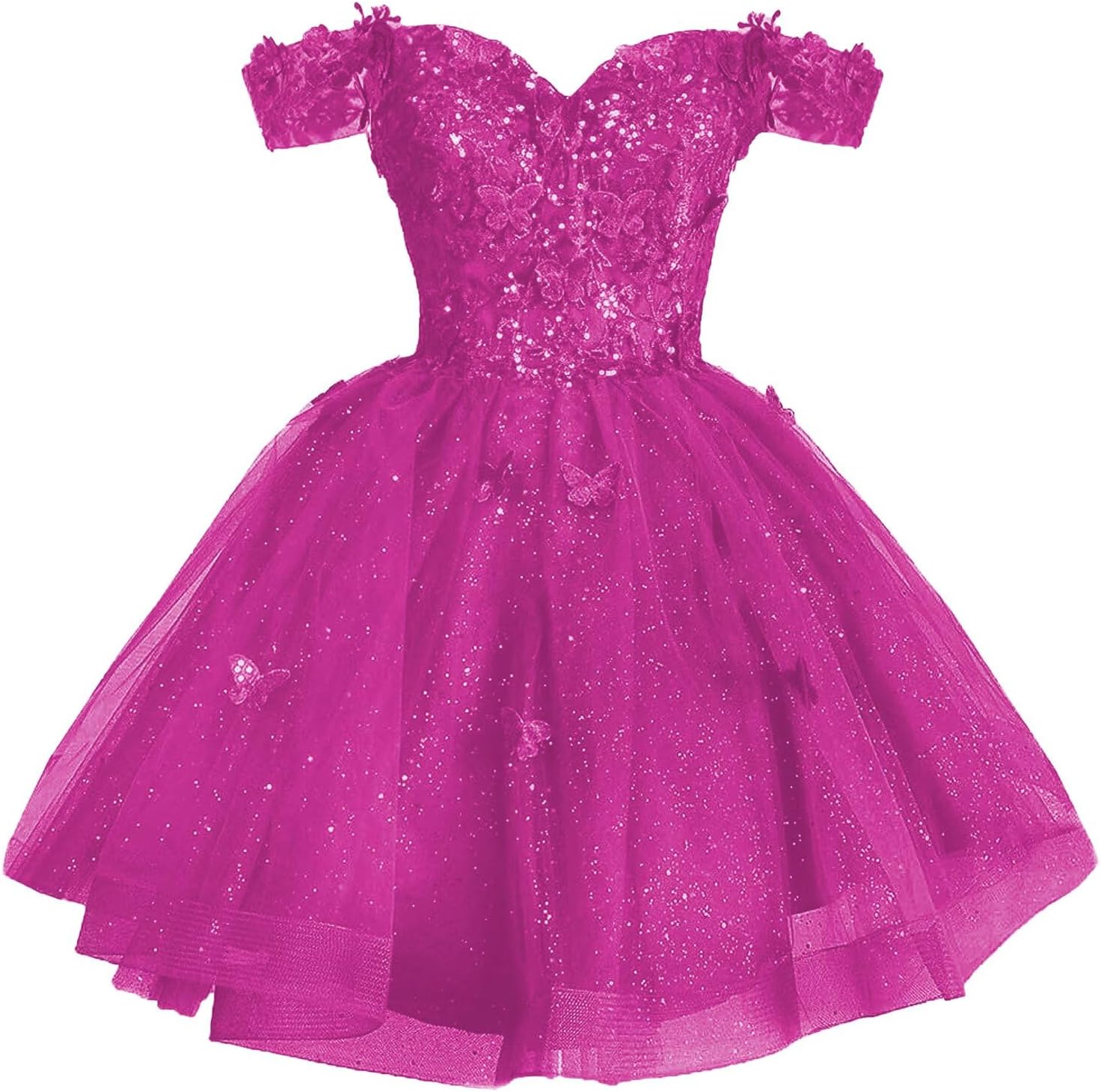 Off Shoulder Homecoming Dresses for Teens Sparkly Tulle Short Prom Dress 3D Butterfly Quinceanera Dresses Ball Gown