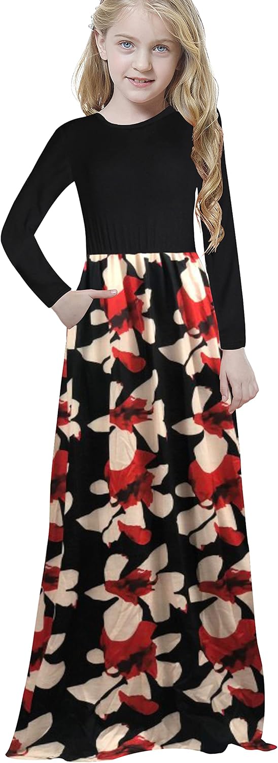 Eastaisn Girl's Dresses Long Sleeve Maxi Holiday Dress with Pockets Loose Casual Summer Dress