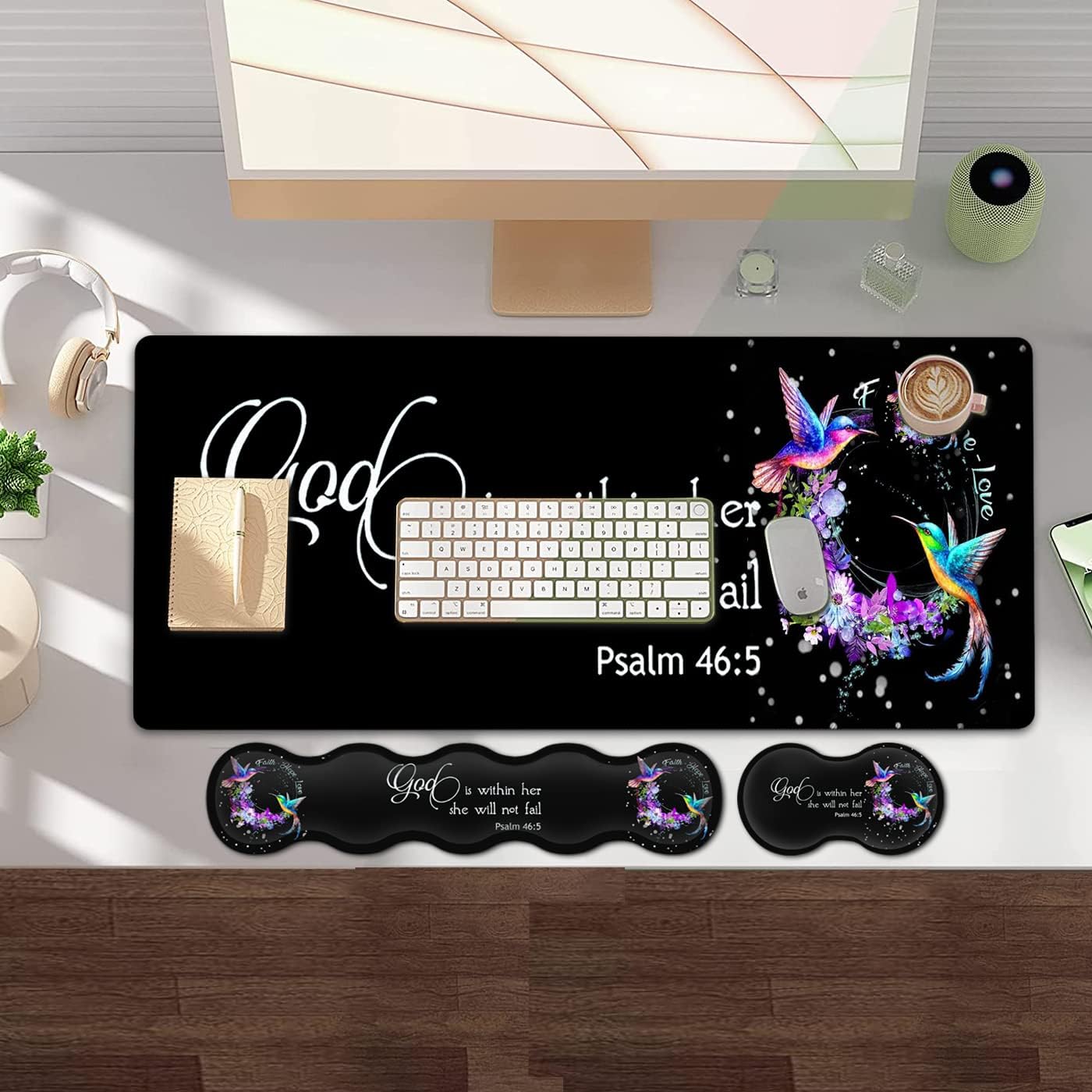 Large Gaming Mouse Pad,Extended Office Desk Mat,Waterproof Desk Writing Pad for Office/Home Ergonomic Mouse &Keyboard Wrist Rest, Love Hummingbird Laptop Desk Pad Black Mousepad Wrist Support
