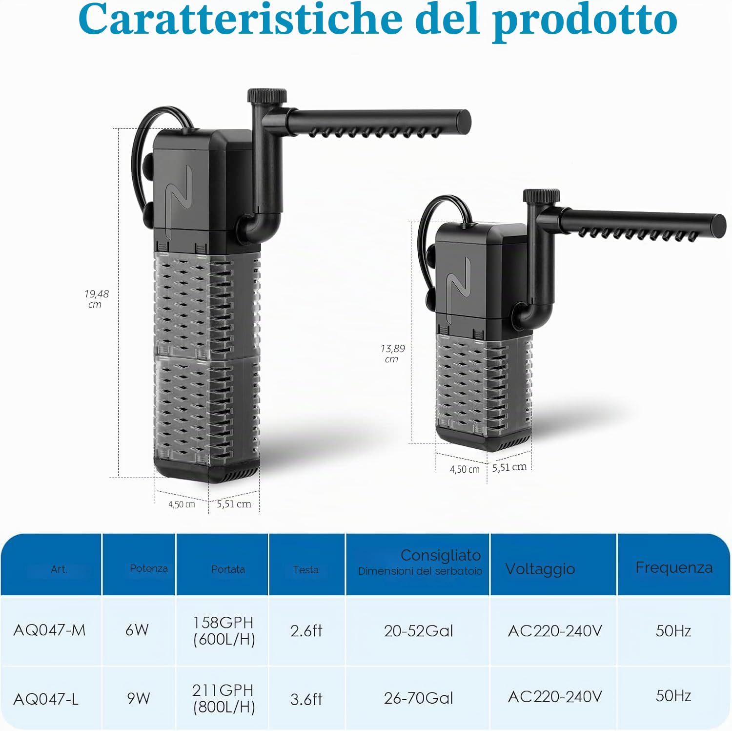 AQQA Filtro per Acquario, Regolabile Silenzioso 800L/H Filtro Interno per Acquario per Acquario 250L Pesci e Tartarughe (9W)