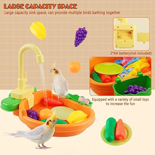 Miniatura 6 de kathson Tina de loro para pájaros, bañera automática con grifo, caja de ducha multifuncional de periquitos, juguete de piscina con fuente para
