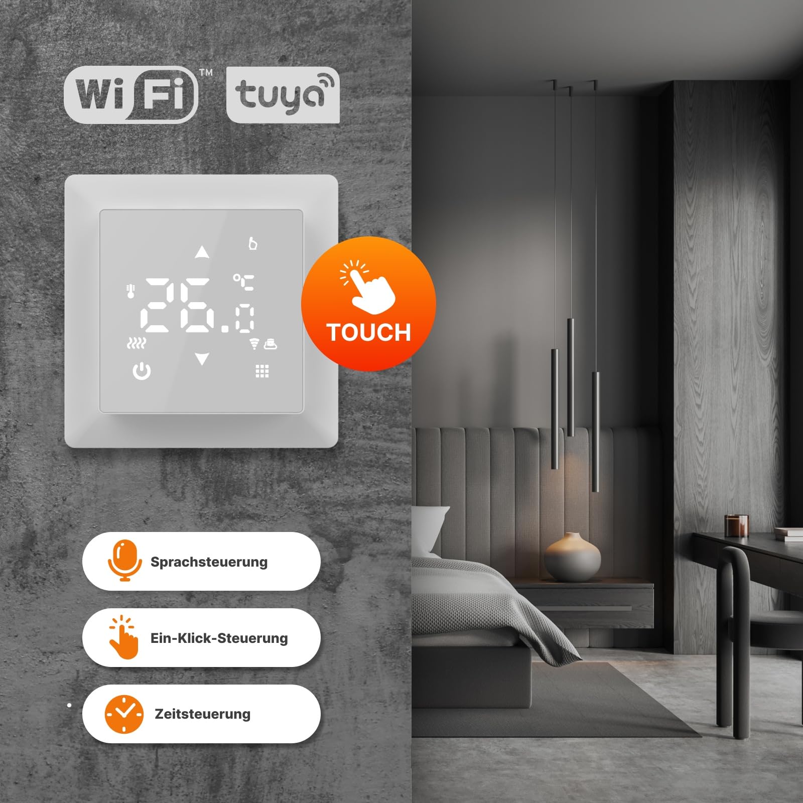 Elektrische Fußbodenheizung für Fliesen: Zweiader-Heizmatte WARMON CLASSIC 150 W/m² mit Thermostat TS 100 Serie Smart WiFi Touch, Thermostat:TS100 WiFi Weiß, Mattengröße:6 m²