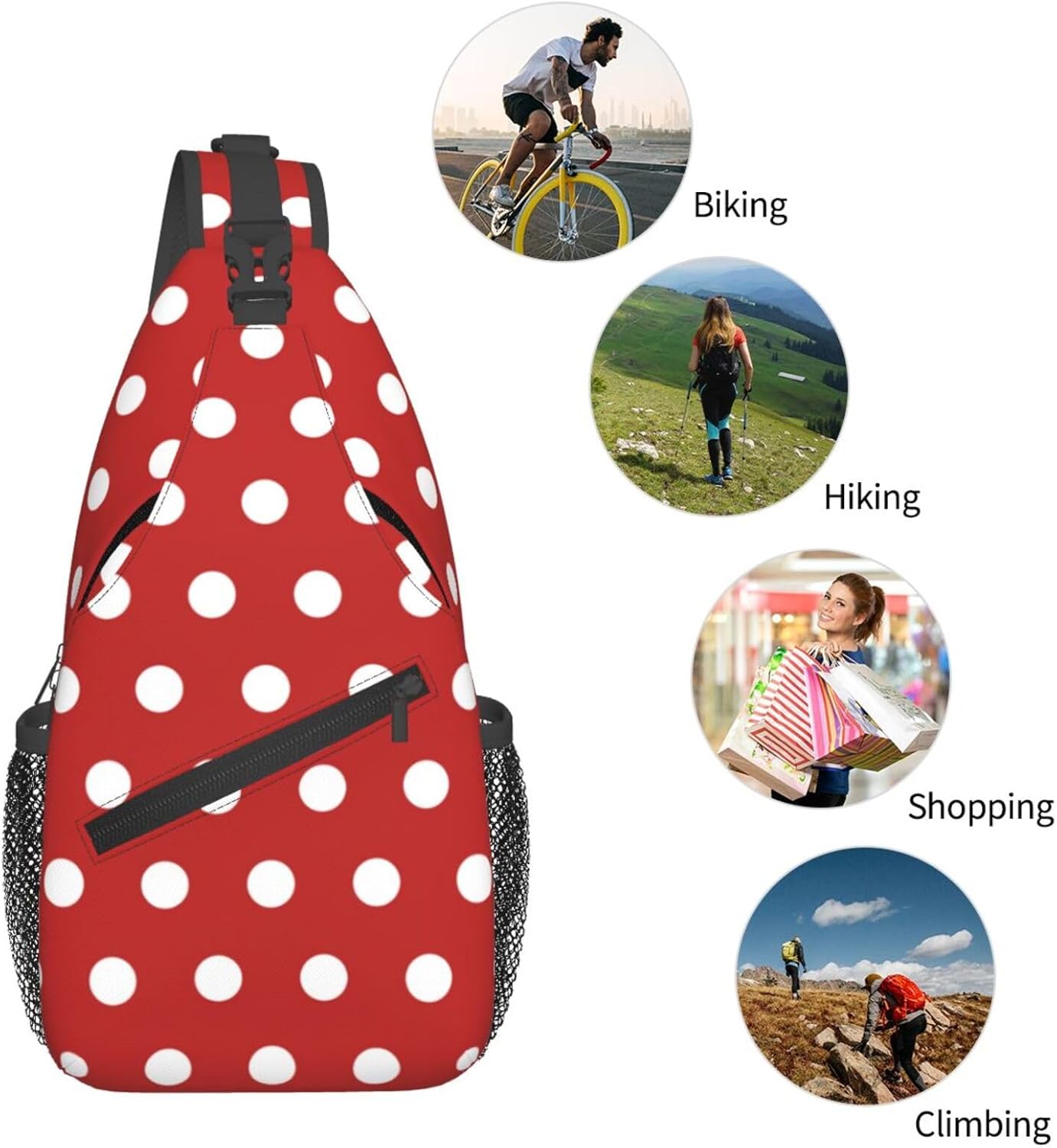 Polka Dots Sling Bag for Women Crossbody Bag Abstract White Small Circle Dot Geometric Pattern on Red Background Sling Backpack for Men Dot Pattern Shoulder Bag Gym Travel Hiking Daypack - Image 5