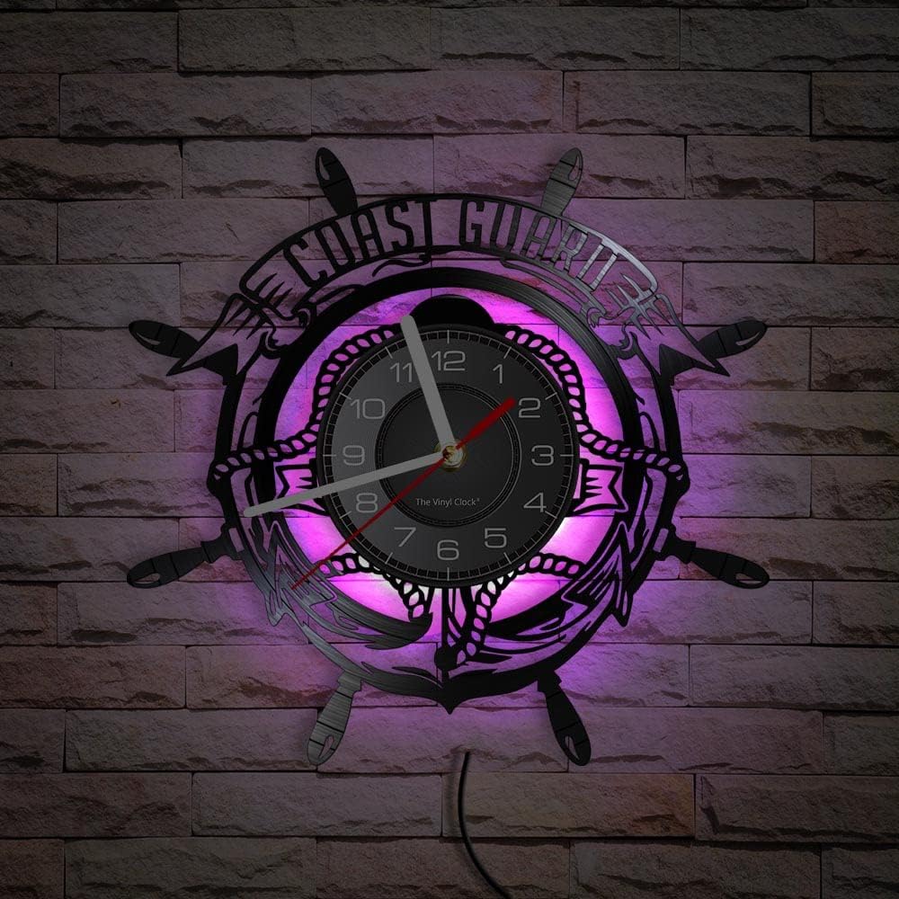 12 Inch Coast Guard LED Wall Clock with 7 Colors Changing, Silent Quartz Non Ticking Vintage Decorative Analog Black Vinyl Record Wall Clock for Coast Guardsman Retirement Gifts Office Decor