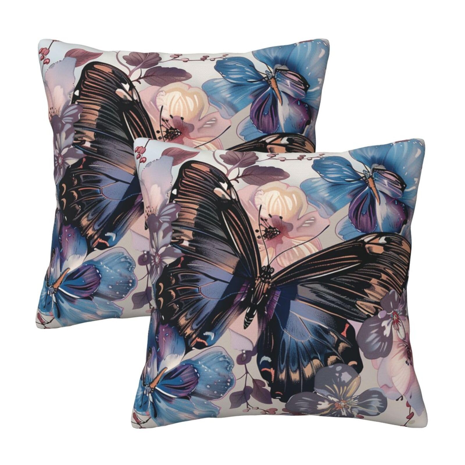 kkvhhyuo Butterfly flower Print Pillow Covers Set of 2, Square Decorative Cushion Covers with Hidden Zipper, Throw Pillow Cases for Living Room Sofa Bed Chair, 45x45 cm