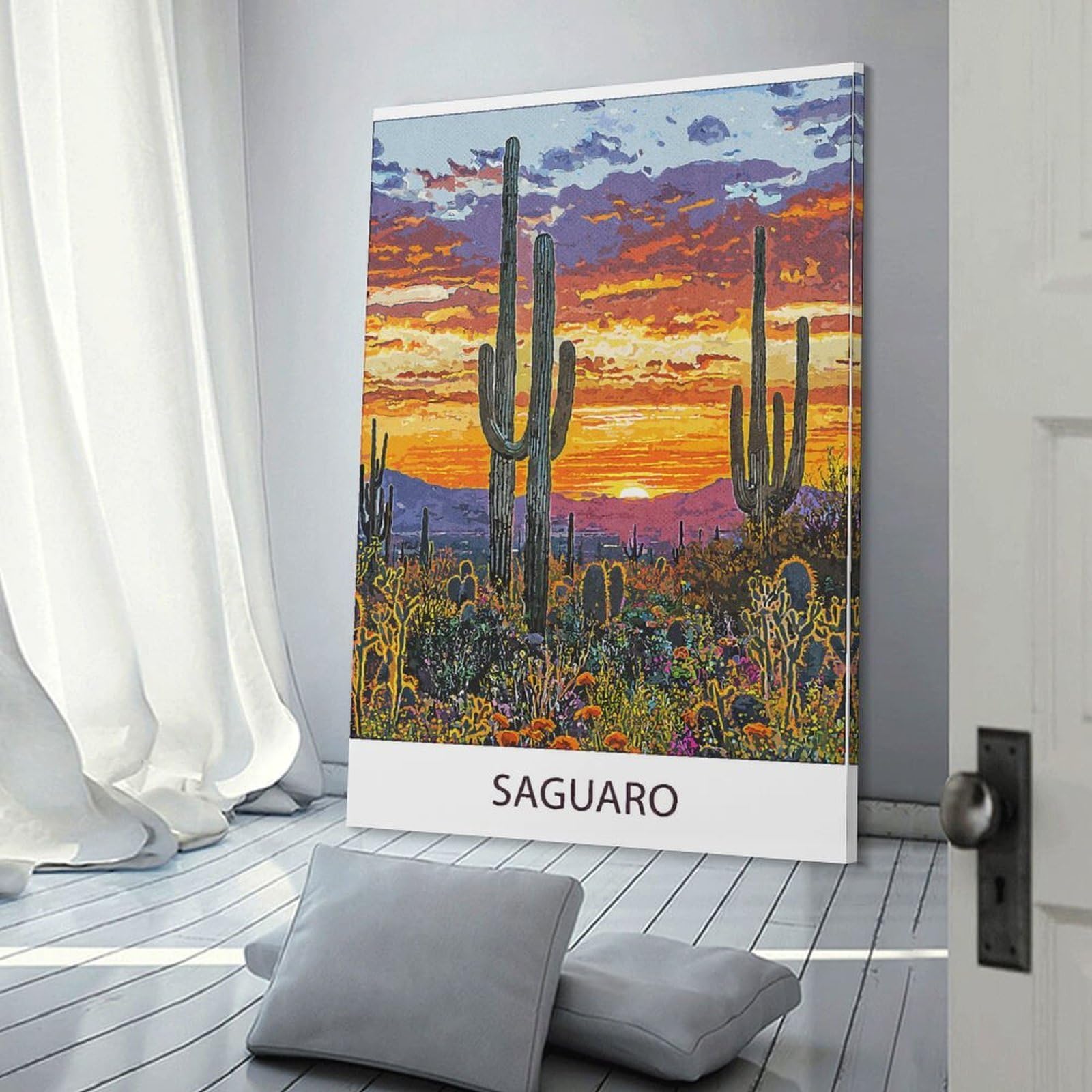 Junmoney Saguaro Sunset Wall Picture Print, 24x36inch(60x90cm), for New Home Styling, Lounge Or Bedroom, Home Artwork for Modern Interiors
