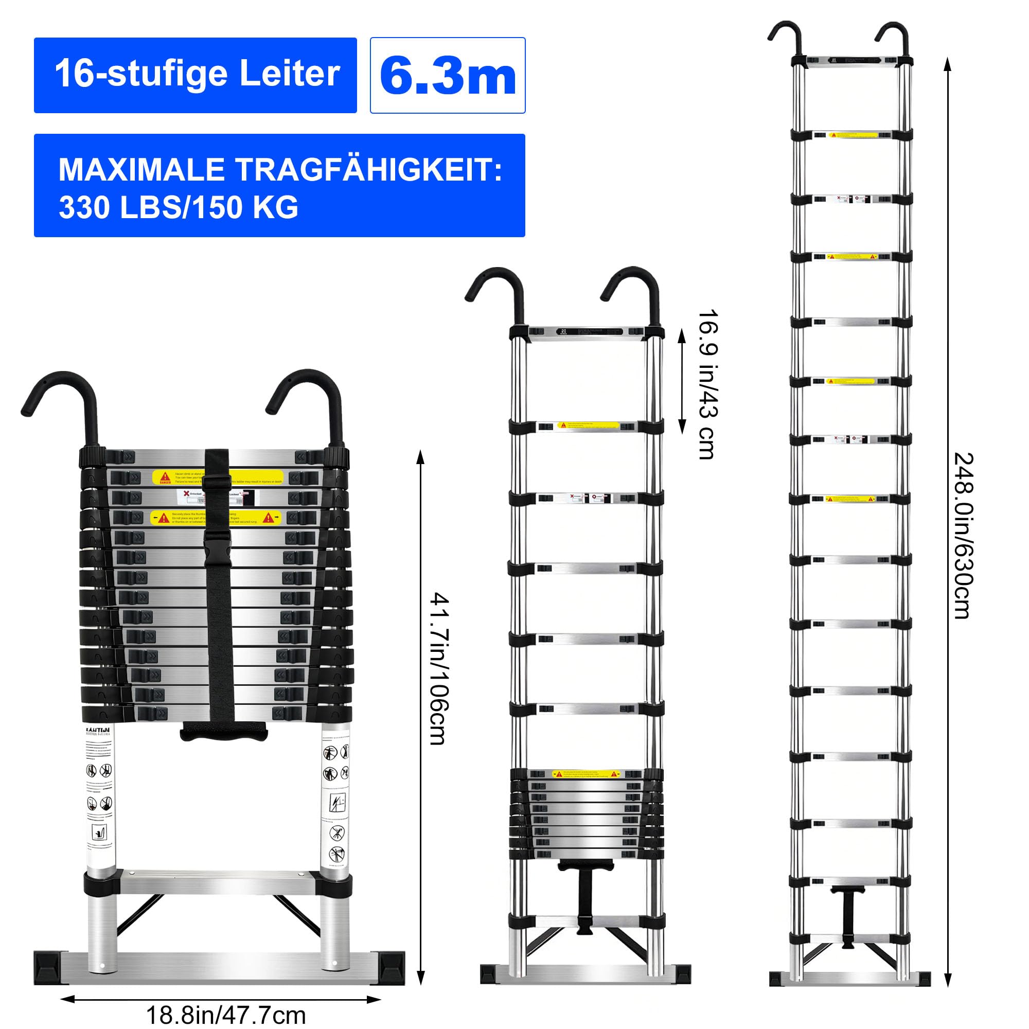 6,3-Meter Teleskopleiter mit verstärkten Haken, extra hoher Anti-Schwenk-Erweiterungseil, 150 kg Anti-Klemm-Schnellzusammenklappbarer Leiter für Gebäude mit 2–3 Stockwerken