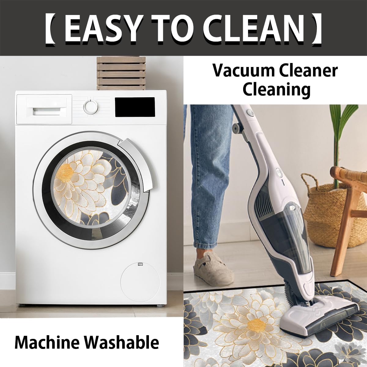 Half Round Door Mat Black White Flower Half Moon Rug Washable Half Circle Area Rugs Indoor Entrance Non Slip Semi Circle Bathroom Rugs Floor Carpet for Kithen Bedroom Fireplace Decor