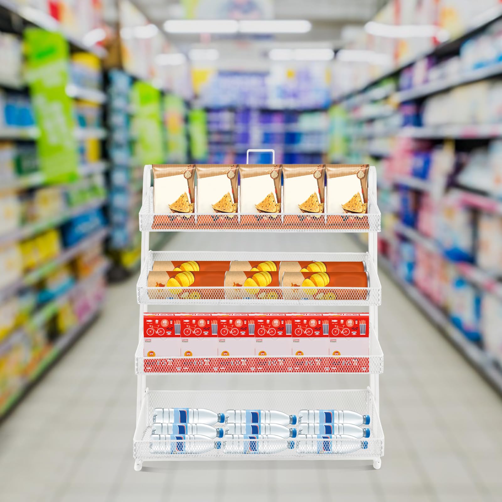 XUFOPLY Candy Display Rack, 4 Tiers Snack Organizer for Countertop Display Snack Rack Supermarket Store Display Rack for Retail Stores Kitchen Office (White)
