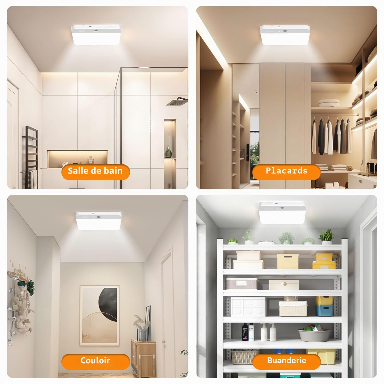 Lampe de Plafonnier Détecteur de Mouvement Intérieur Plafond Luminaire | 6000mAh Rechargeable Sans Fil, Salle de Douche, Salle de Bain, Garage, 3 Températures de Couleur avec Télécommande,Lot de 2