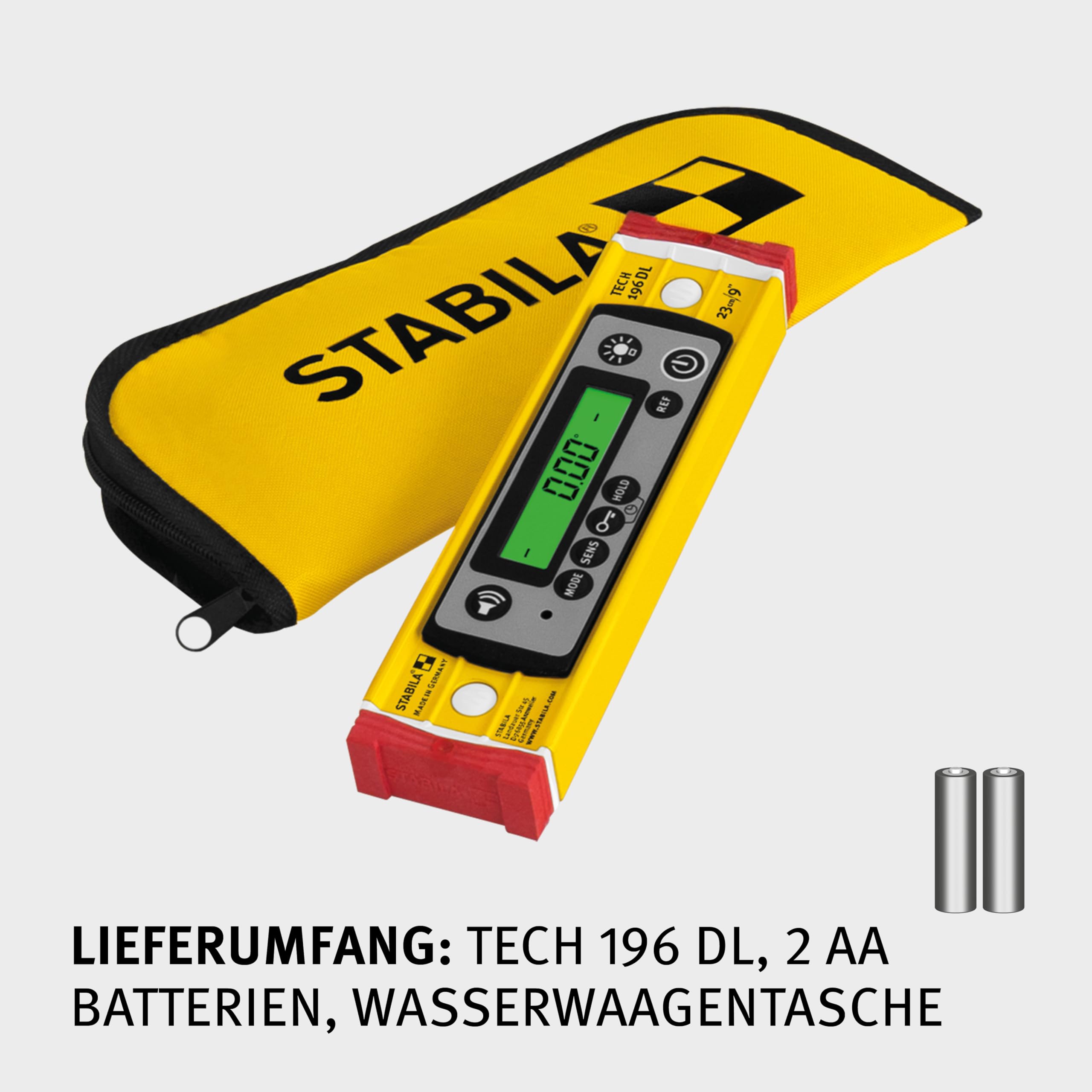 STABILA Digitale Wasserwaage TECH 196 DL, 23 cm, wasser- und staubdicht nach IP 67, 2 Digital-Displays, kalibrationsfrei, Anzeige-Modi: °,%, mm/m, in/ft, Tasche