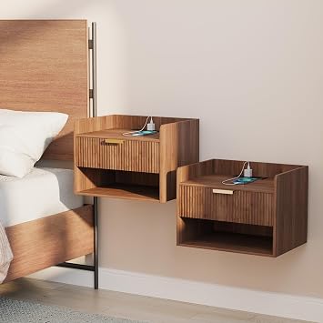 Arbuxzuy Floating Nightstand Set of 2 with Charging Station and Drawer