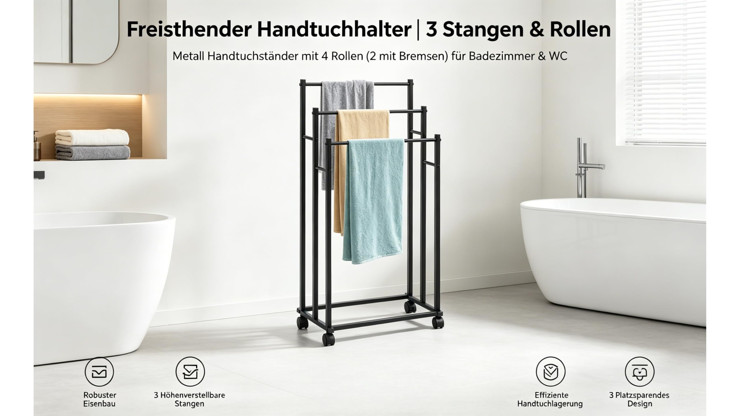 Handtuchhalter Stehend,Metall Handtuchständer mit 4 Rollen 2 Bremsen 3 Stangen,Freistehend Badetuchhalter Höhenverstellbar Schwarz Bad Wäscheständer