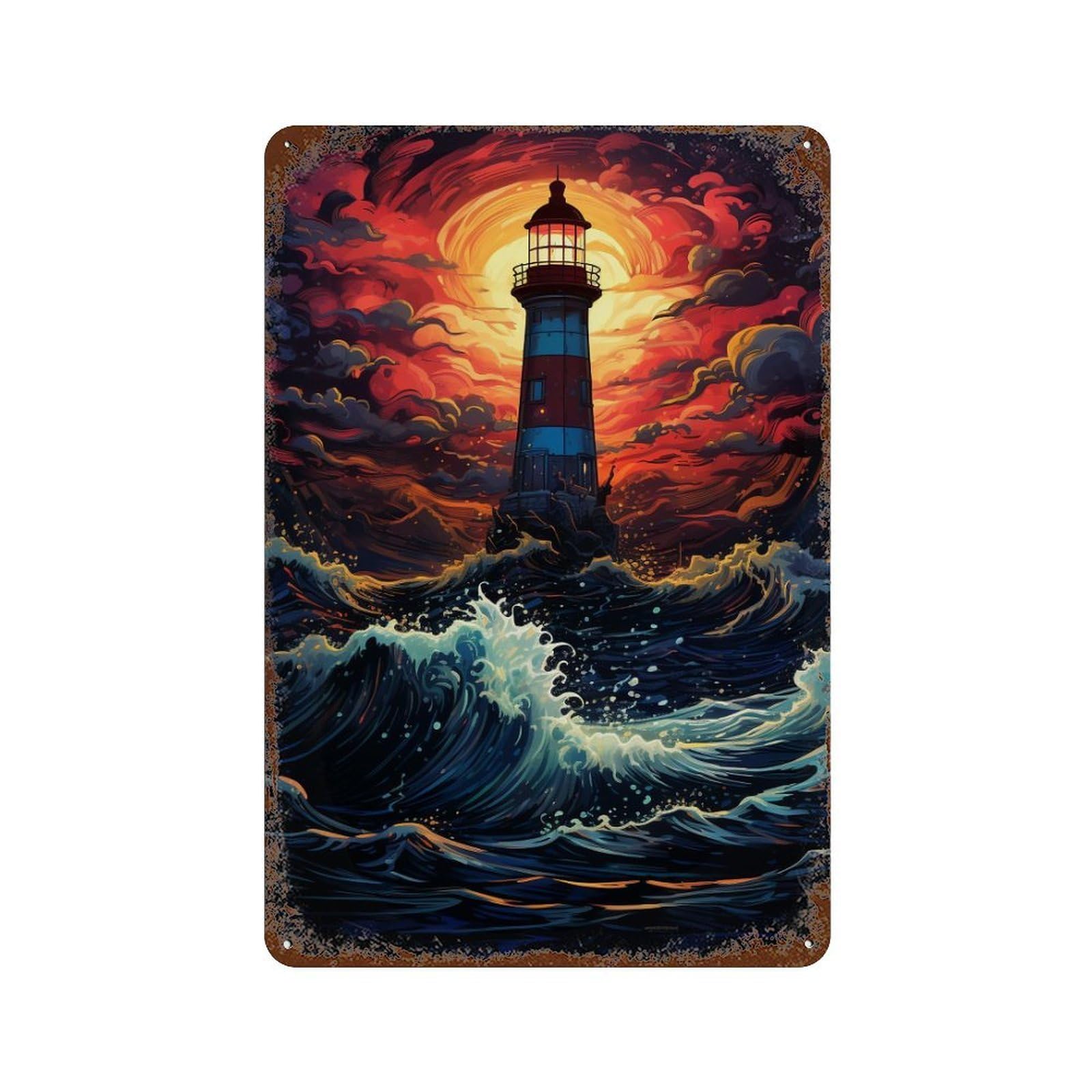 Stormy Lighthouse at Sunset 11.8"x7.9" Decorative Tin Sign, Classic Wall Plaque for Patio, Garden Room And Bar Decor