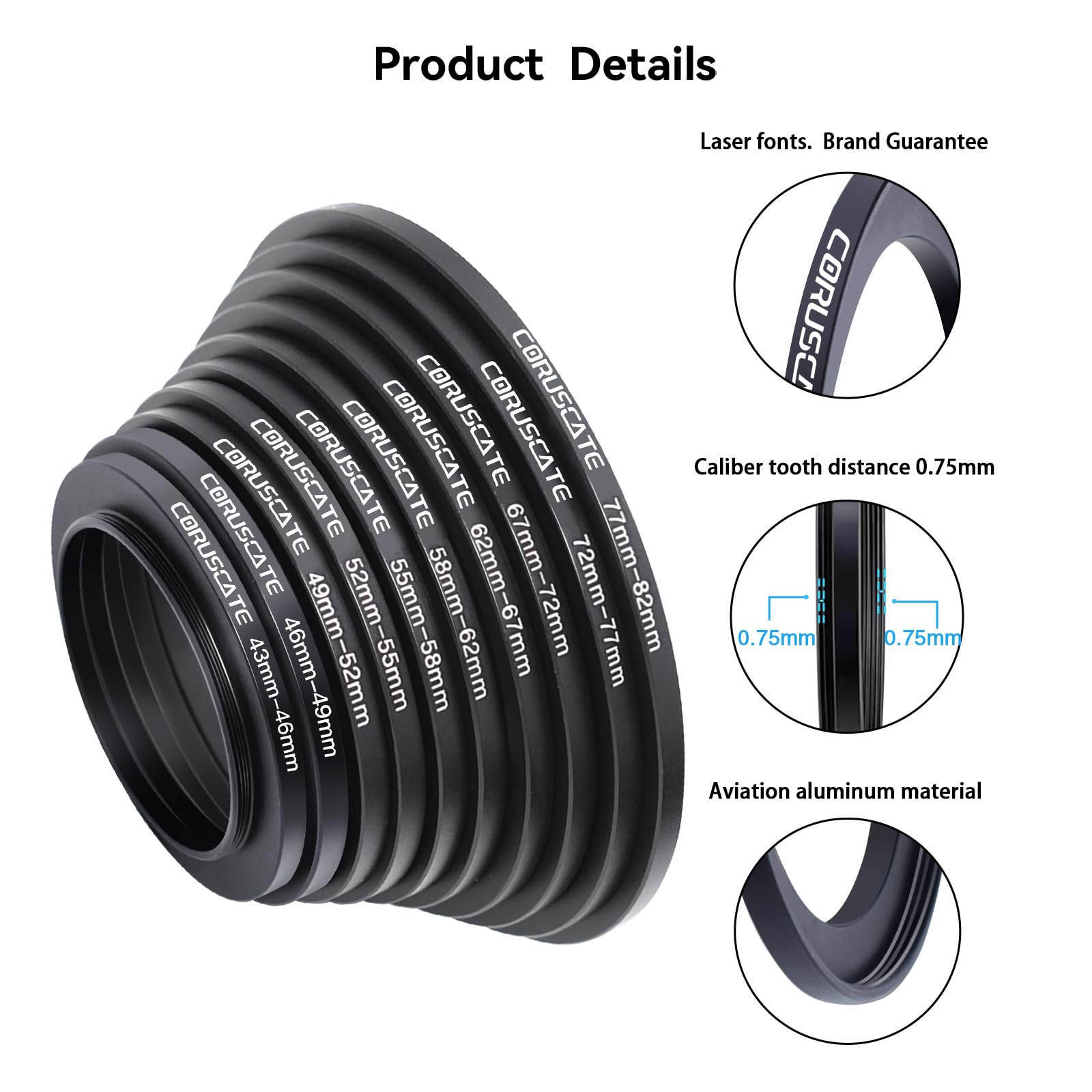 10Pcs Filter Ring Adapter Set, Lens Filter Metal Stepping Rings Compatible All Brands UV ND CPL (43-46mm,46-49mm,49-52mm,52-55mm,55-58mm,58-62mm,62-67mm,67-72mm,72-77mm,77-82mm)