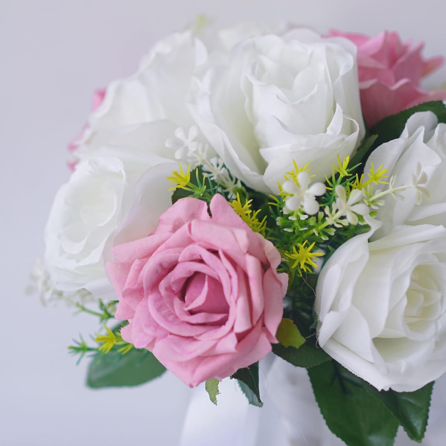 Wedding Bouquets for Bride - Realistic Silk Flowers Artificial Roses, 8 Inch Bridesmaid Bouquet for Ceremony, Church, Anniversary, and Home Decoration (White & Pink) - Image 6