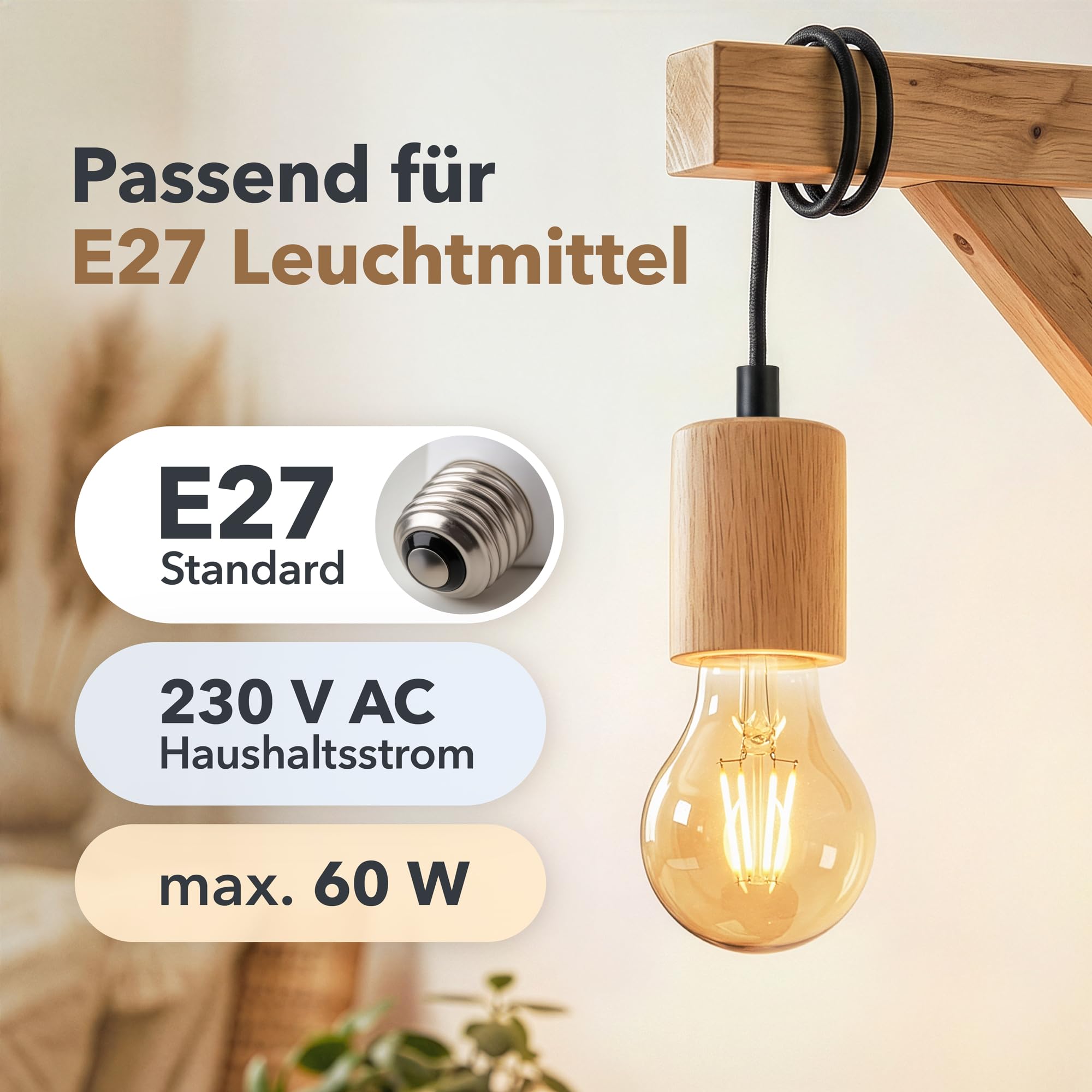 ledscom.de 6 pièces E27 Douille de lampe KIVO en bois véritable, décharge de traction, douille de lampe suspendue DIY, 230V AC, max. 60W