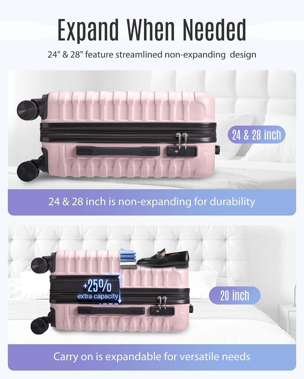LIGHT FLIGHT Luggage Sets, 3 Piece Durable Suitcase Set with Spinner Wheels, 3 Pcs Hardside Lightweight luggage with TSA Lock, Large Checked Travel Suitcases, 20/24/28 Inch, Pink thumbnail