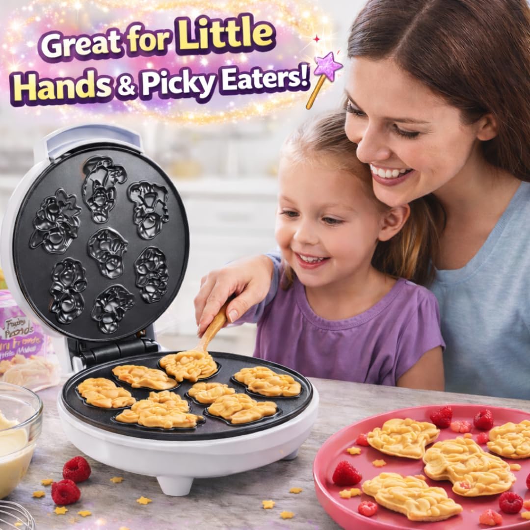 Fairy Friends Mini Waffle Maker- Creates 7 Different Fairy Shaped Waffles or Pancakes in Minutes- A Fun & Cool Magical Breakfast for Kids Adults- Electric Non-Stick Waffler Iron, Fairies Princess Gift