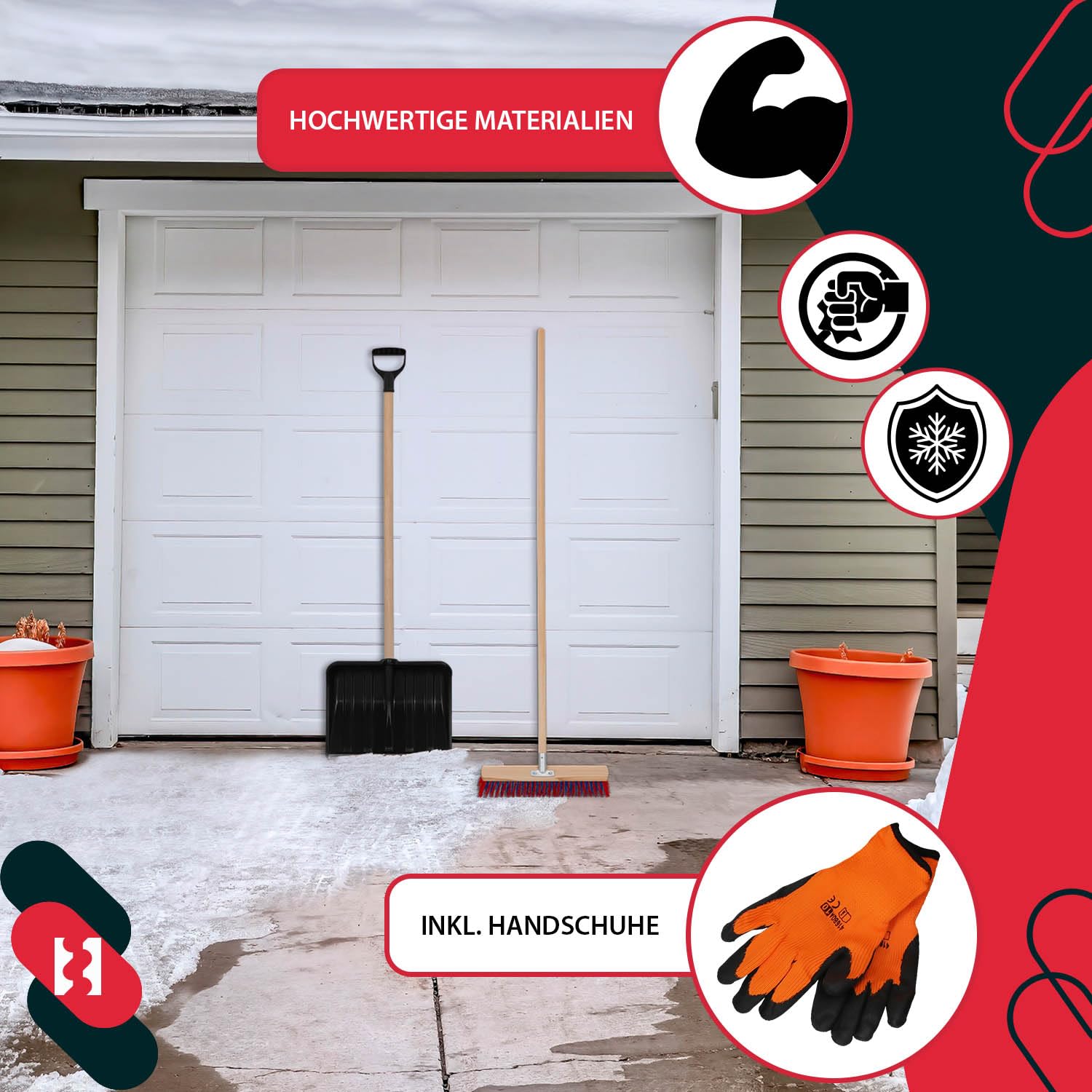 KOTARBAU® Set pala da neve con manico in legno 131 cm scopa da strada 43 cm + guanti pala da neve pala da neve spazzaneve scopa da giardino con manico esterno pala da neve auto manico in legno per la