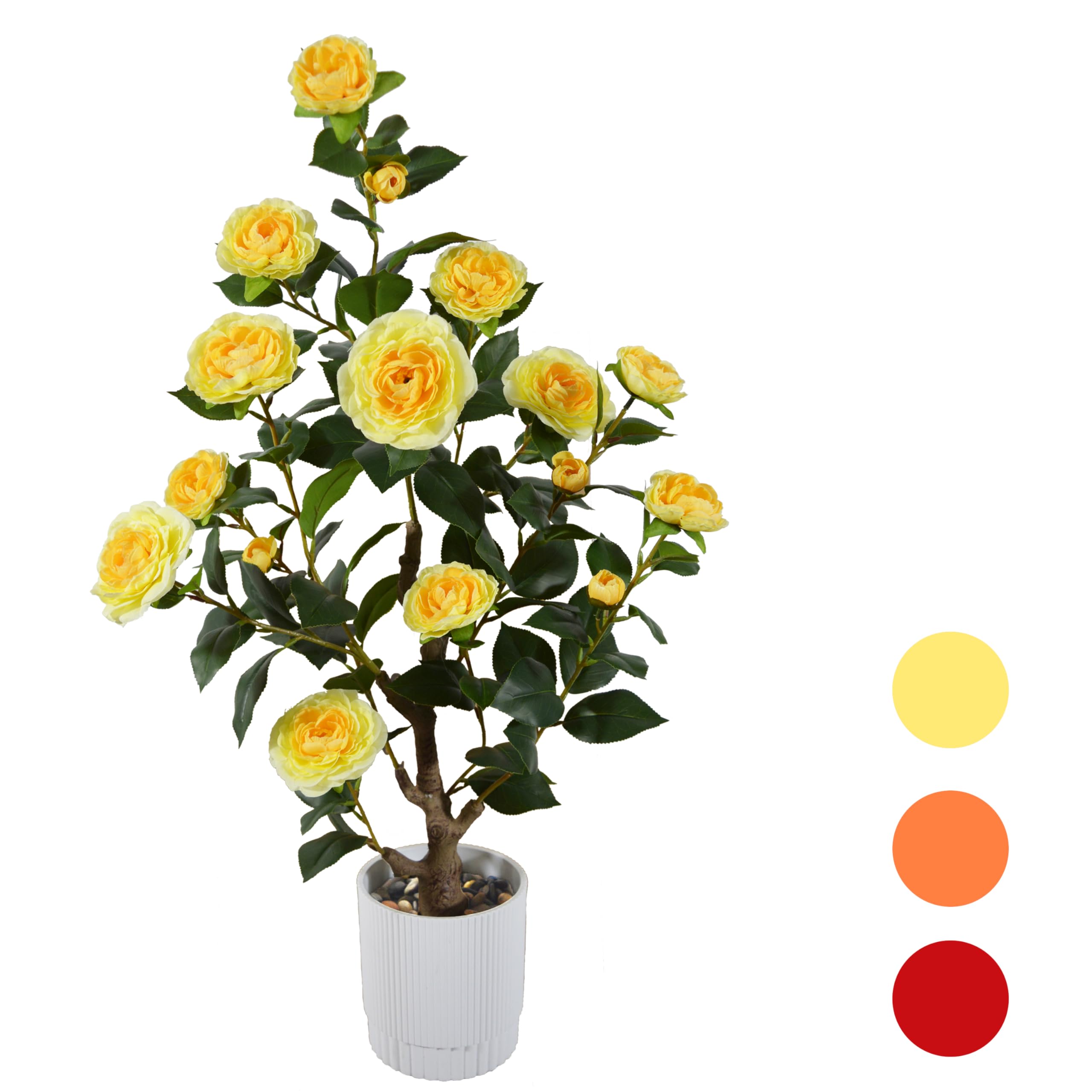 Artificial Camellia Tree 3ft, Fake Plant in White Pot, Faux Camellia Silk Flower Potted Tree for Indoor Outdoor Home Livingroom Office Decor (Yellow)