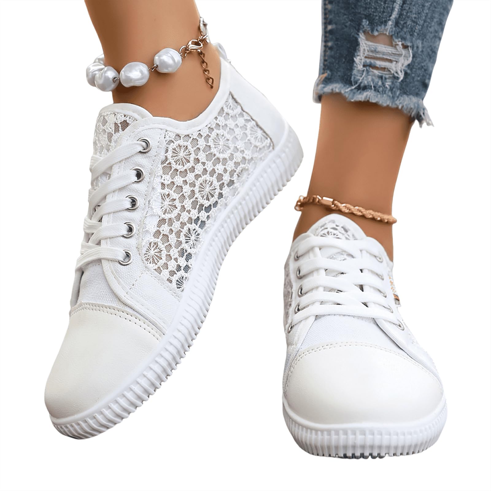 Générique Basket Toile Femme Été Confortables Tennis Toile Femme en Maille Aérée & Dentelle - Chaussures Plates Confort à Lacets Antidérapant - Baskets Décontractées Respirantes pour Randonnée Légère