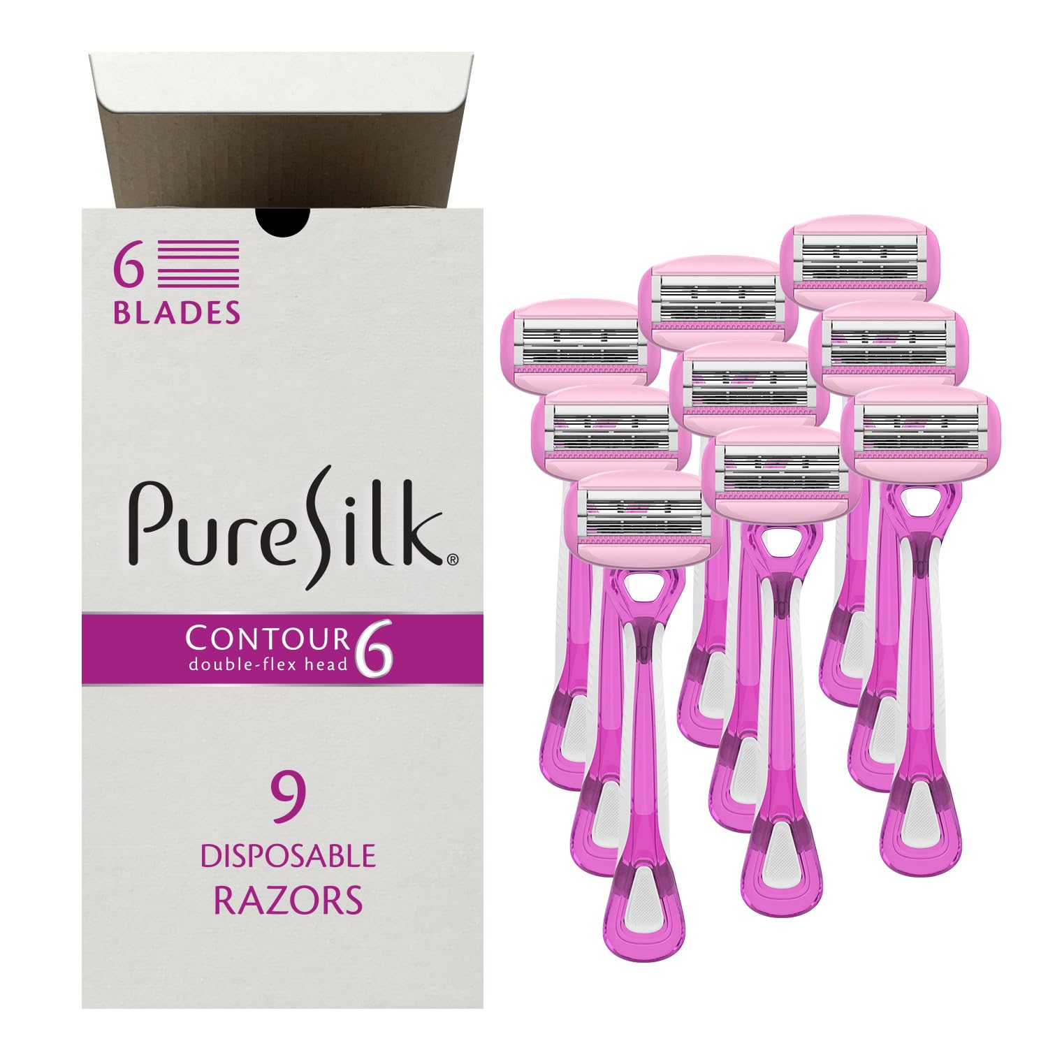 Pure Silk Contour 6 Disposable Razors for Women (3 Packs/9 Total Razors)