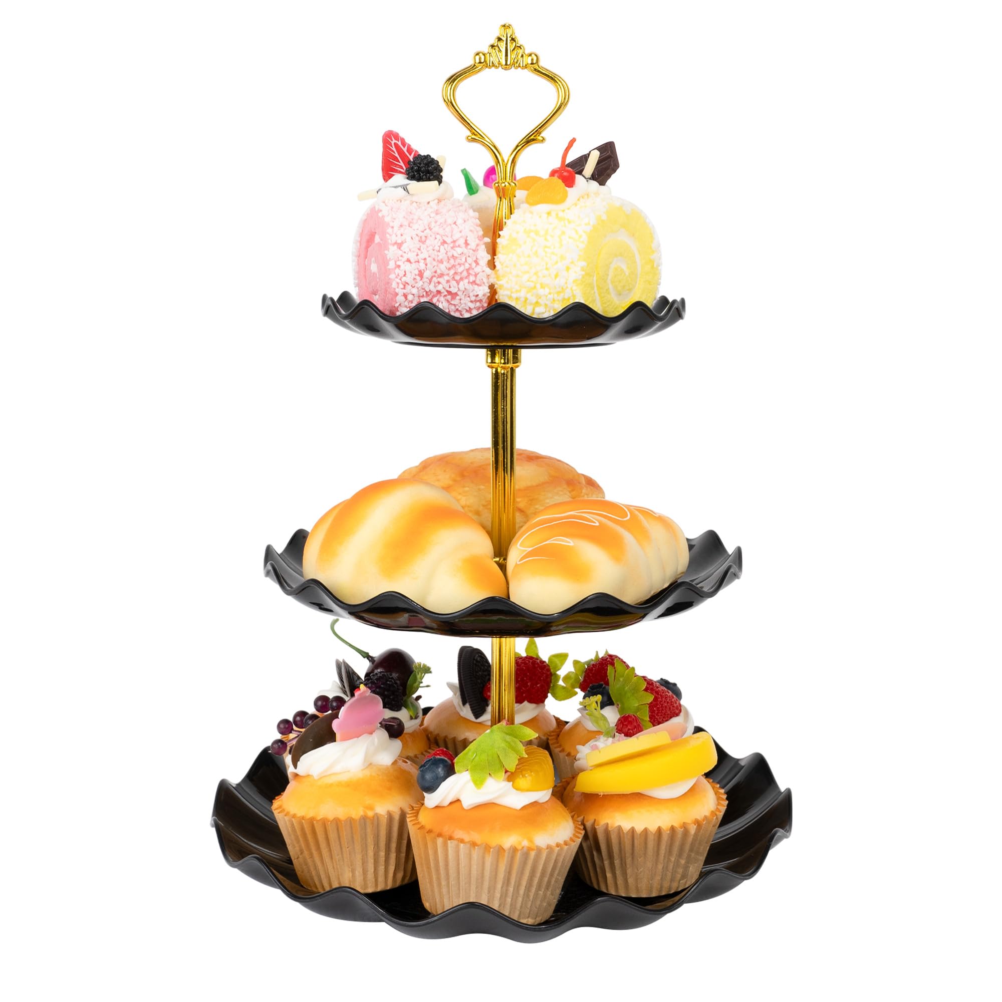 Plastic Tiered Serving Tray, 3 Tier Cake Stand Cupcake Holder with Metal Rod, Cake Stand Round Display for Cakes Fruit Cookie Candy, Reusable Dessert Tower Tray for Birthday Wedding Party （Black）