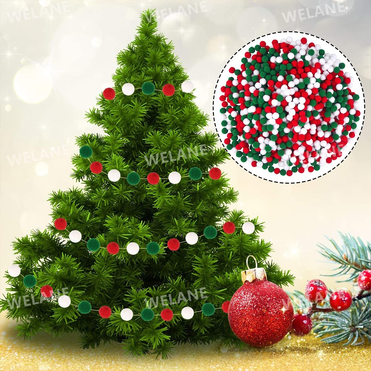 Lot de 200 pompons de Noël - 1 cm - 2 cm - Rouge, vert, blanc, moelleux - Boules en feutre pour bricolage, artisanat, guirlandes de vacances, chapeaux, arbres de Noël, bannière