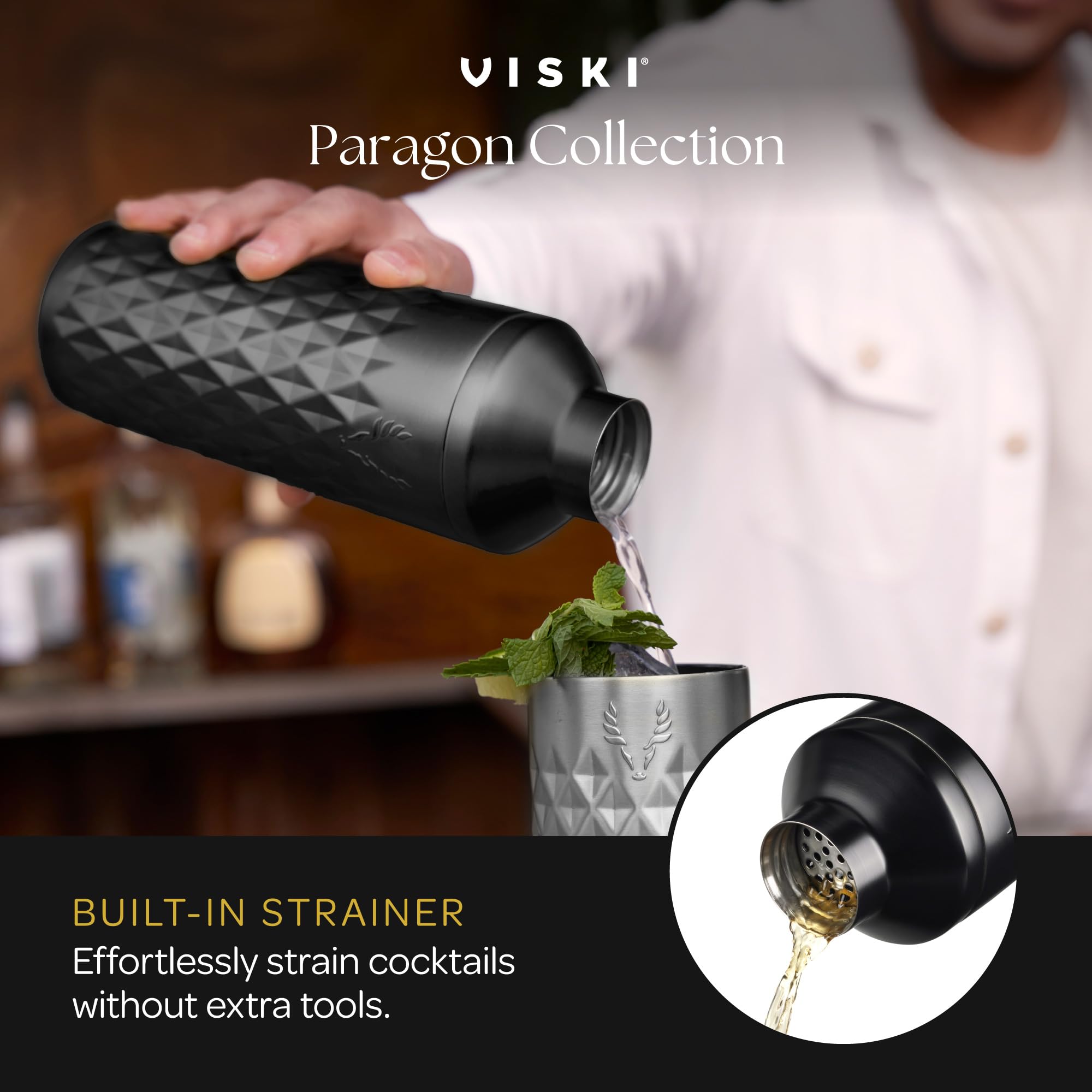 Viski Paragon Shaker à cocktail isotherme à double paroi en acier inoxydable avec passoire intégrée, parfait pour martini, mojito, margarita et autres cocktails, 652 g, obsidienne