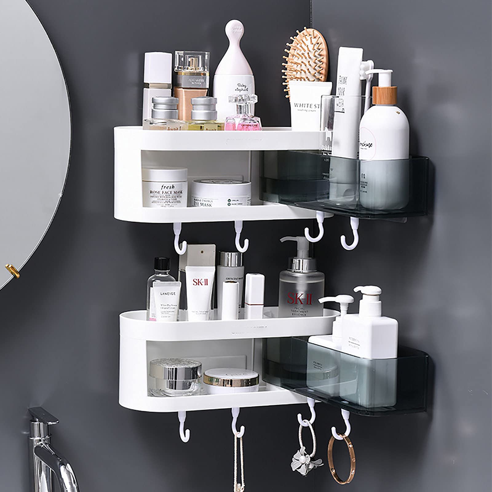 Estantes de baño exquisitos Estante de Esquina de baño Estante de baño Adhesivo con 4 Ganchos giratorios sin taladrar para Cesta de baño Almacenamiento de Cocina