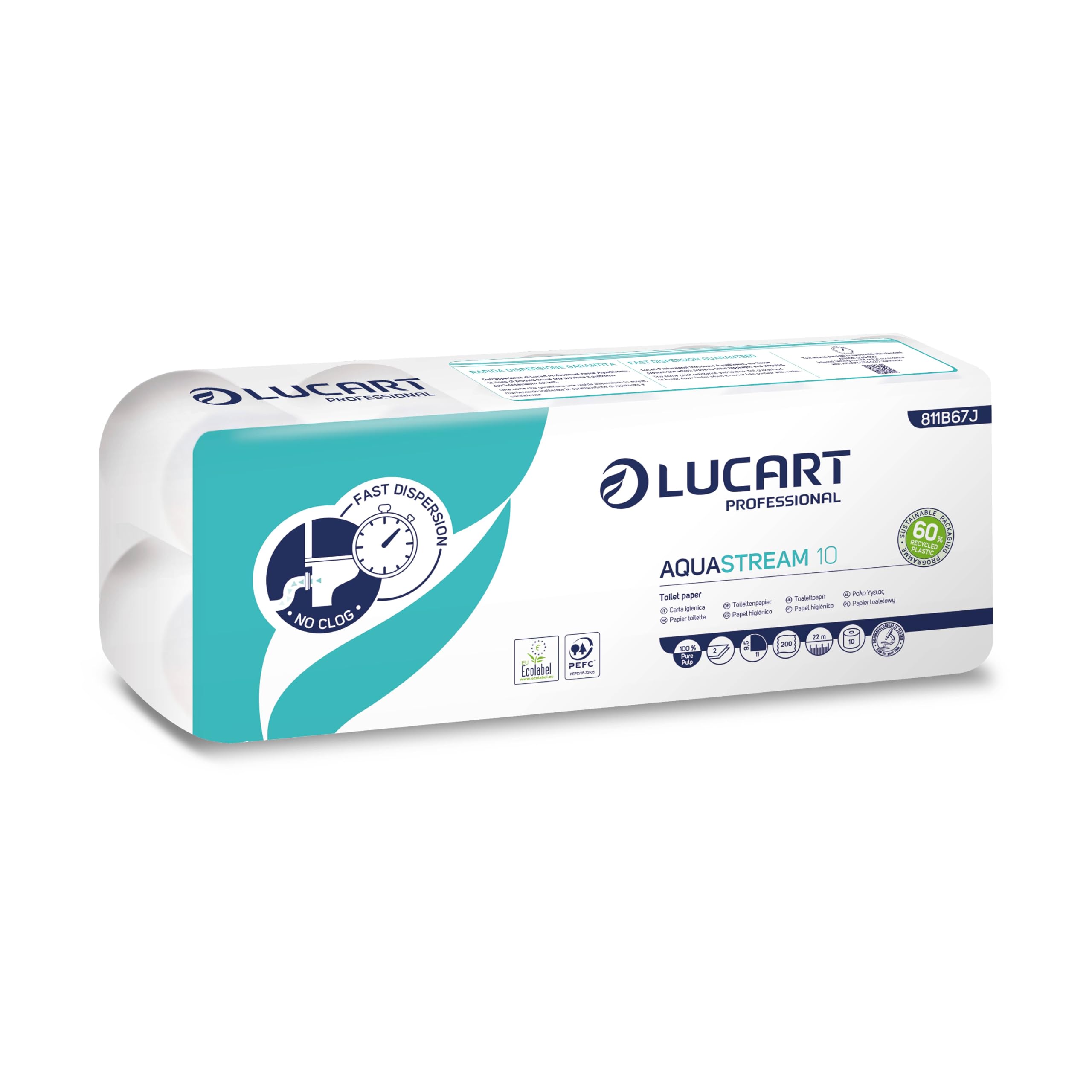 Lucart Professional, AquaStream 10, Carta Igienica a Rotolo ad alta dissolvenza in pura cellulosa, 10 Rotoli da 200 strappi per confezione, 9,5x11 cm (L'imballaggio può variare)
