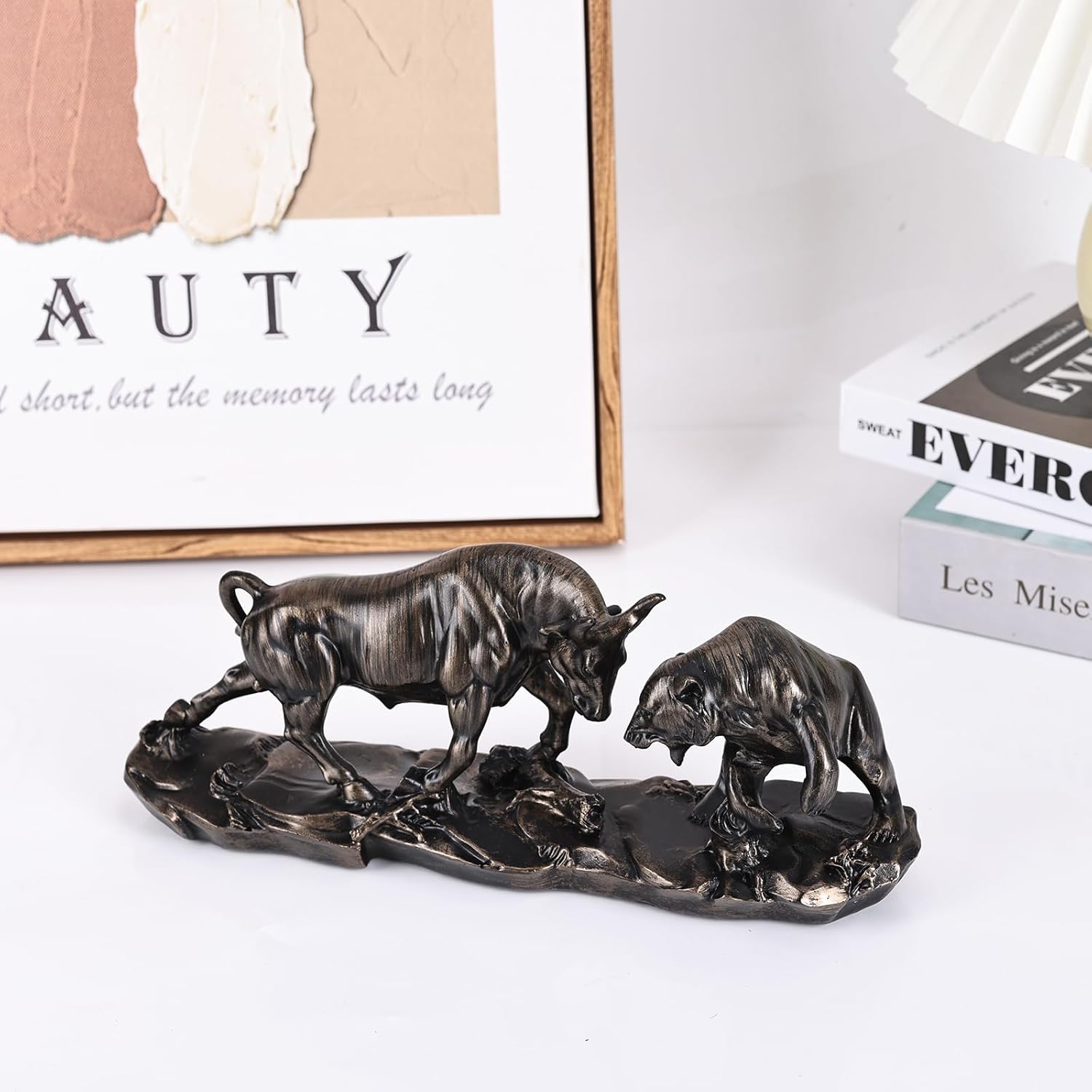 Wall Street Bull Statue, Bull Market and Bear Market Statue, Stock Market Sculpture, Mens Desk decor Day Trading Accessorie, for Office, Desktop, Bookshelf, Study, Home Decor, Financial Advisor Gift