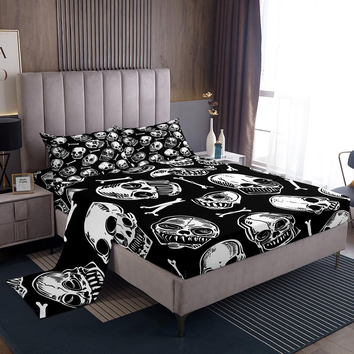 Homewish Juego de ropa de cama con diseño de calavera de azúcar, juego de sábanas góticas espeluznantes, decoraciones de Halloween, sábanas bajeras, 4 piezas