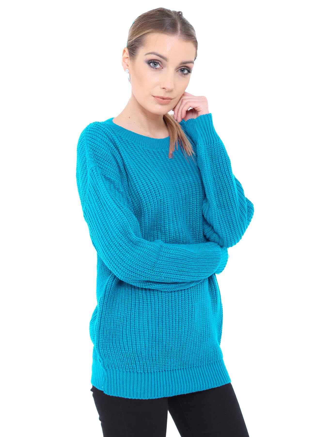 Generation Fashion New Ladies Women Oversized Long Sleeve Knitted Baggy Jumper Sweater Crew Neck Pullover Top[Turquoise,LXL]