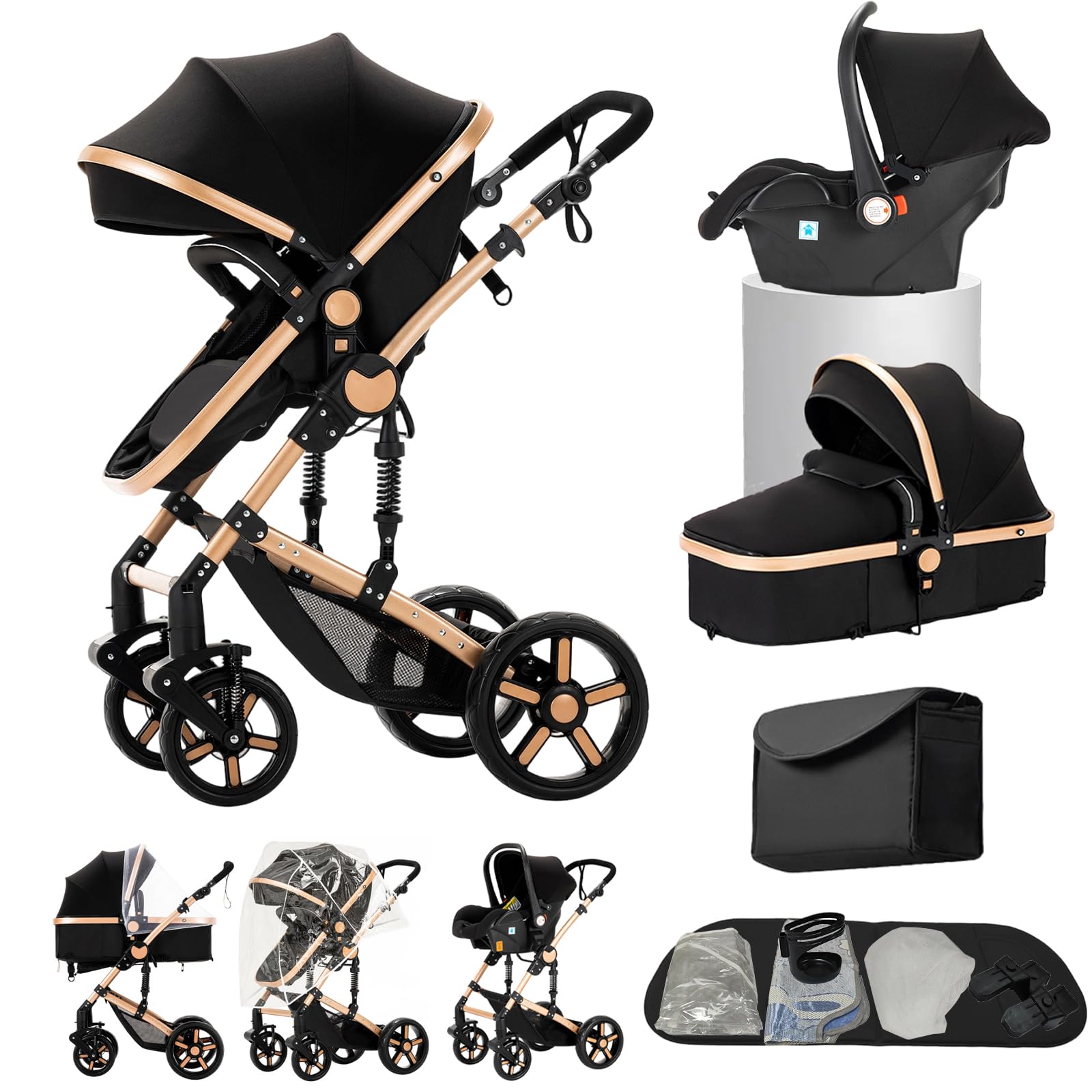 Aveainelle Kombi Kinderwagen 3 in 1, Babywanne, Reisesysteme und Autositz, Für Neugeborene Kinder von 0-36 Monaten, Maximale Tragkraft 25 kg (Schwarz-Gold)