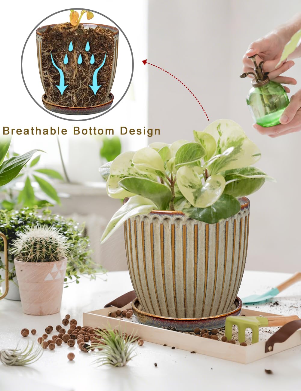 Oairse - Vaso in ceramica a coste, vasi da fiori con sottovaso con fori di drenaggio per piante da interno, decorazione retrò per set di contenitori da giardino all'aperto, diametro apertura 20 cm