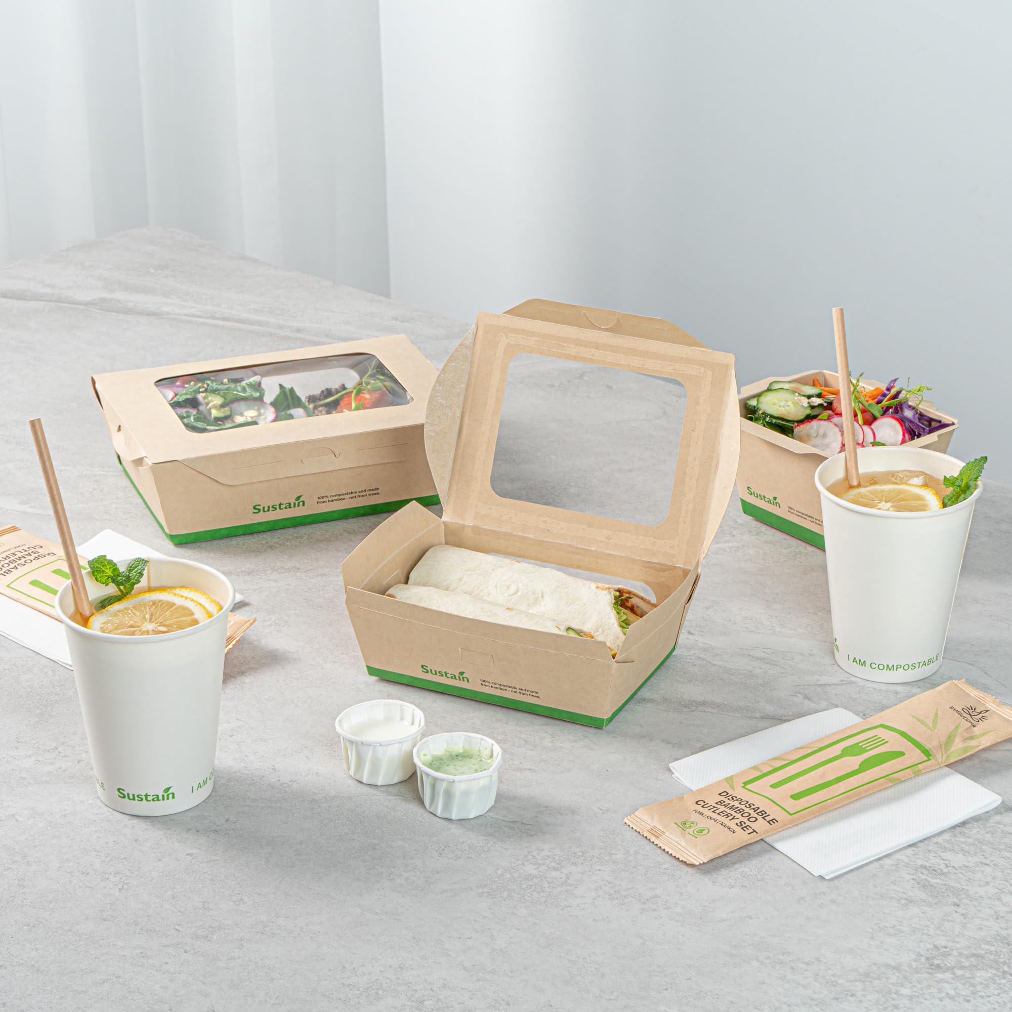 Restaurantware - Cajas de papel resistentes de 28 onzas, 50 recipientes desechables para alimentos, con forro de ácido poliláctico, dos ventanas transparentes de ácido poliláctico, contenedores de