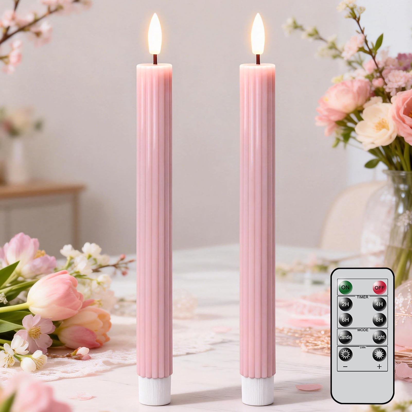 Eldnacele LED Taper Candles with Remote, Battery Operated Flameless LED Candles Flickering with Timer, Real Wax Electric Fake Candle for Home Wedding Christmas Decoration Mother’s Day Gifts(Pink)