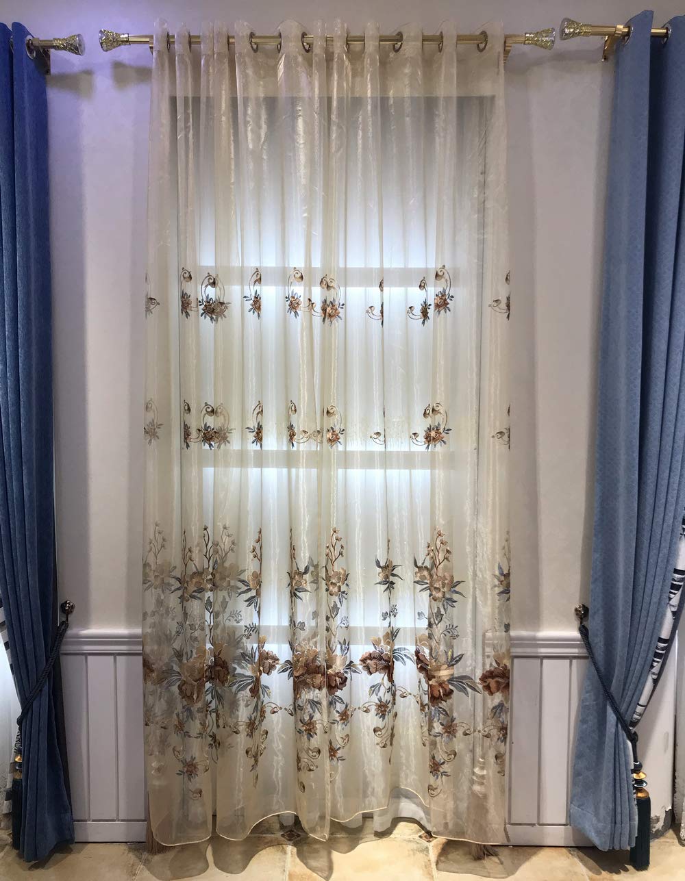Lactraum Cortina Para Salón, Color Lila Translúcido Bordada, Peonía