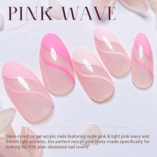 Miniatura 5 de Lacheer - Uñas postizas a presión color rosa claro, almendra media, uñas cortas de verano y primavera, uñas postizas con diseño de remolino, uñas