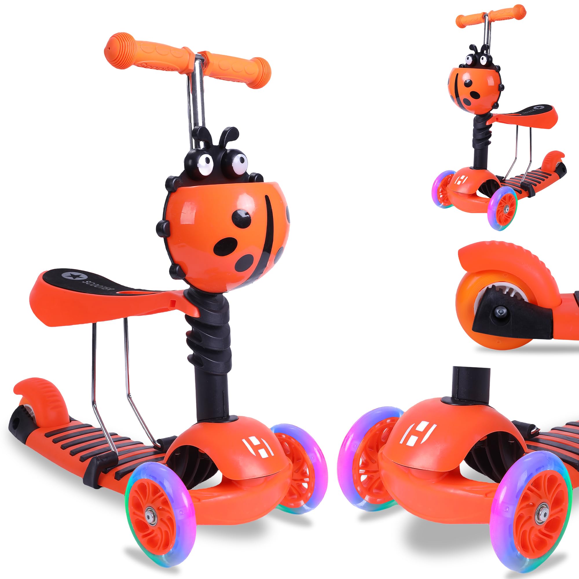 Habib Gruppe Patinete infantil 3 en 1 para niños y niñas, asiento extraíble, ruedas LED, manillar de altura ajustable, patinete para niños de 2 a 8 años