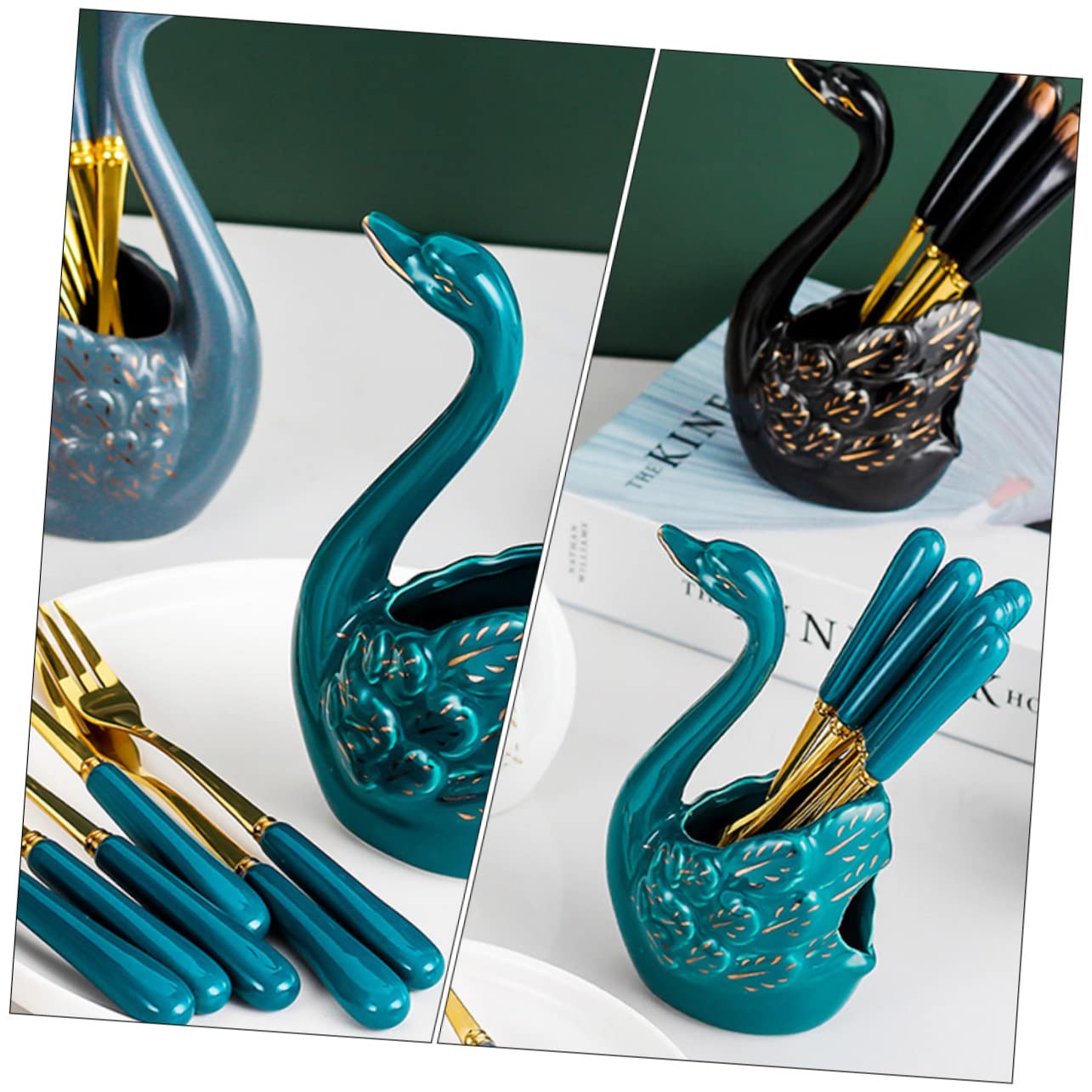 GRIRIW Dessert Fork Cutlery Set Swan Ceramic Style Stainless Steel Storage Container Included Easy to Maintain