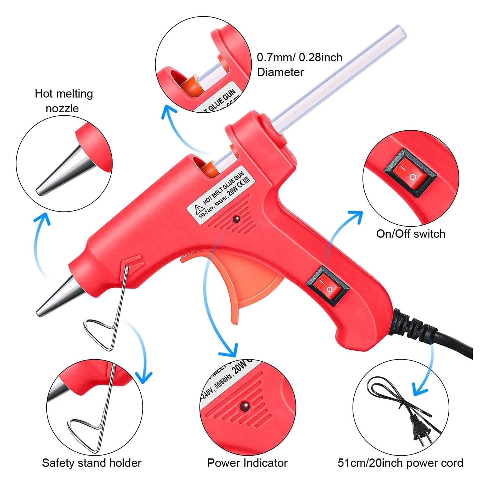 Pistola de pegamento caliente Mini Pistola De Pegamento Caliente De 20W, Pistola De Pegamento De Fusión En Caliente De Calentamiento Rápido For Manualidades, Escuela, Artes DIY, Reparaciones Rápidas E