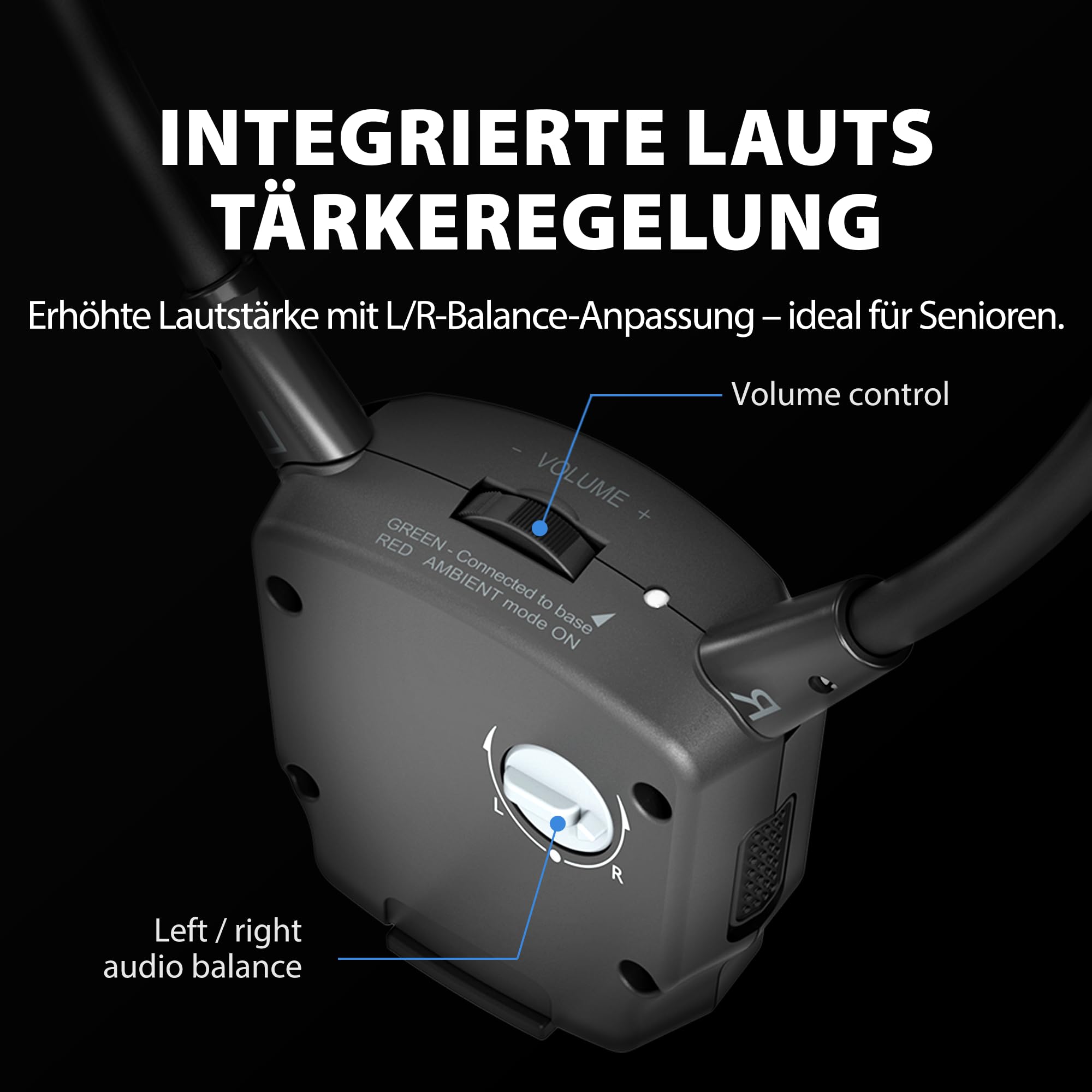 Avantree HT381 - Digitale Kabellose Kopfhörer für Fernseher mit HF-Sender, L/R-Balance-Lautstärkeregelung, TV-Ohrhörer für Senioren, Kompatibel mit Fernsehern mit Optischem oder AUX-Audioausgang | L/R-Lautstärkeregler, Umgebungs-Sound, 3 EQ-Modi, RF-Sende