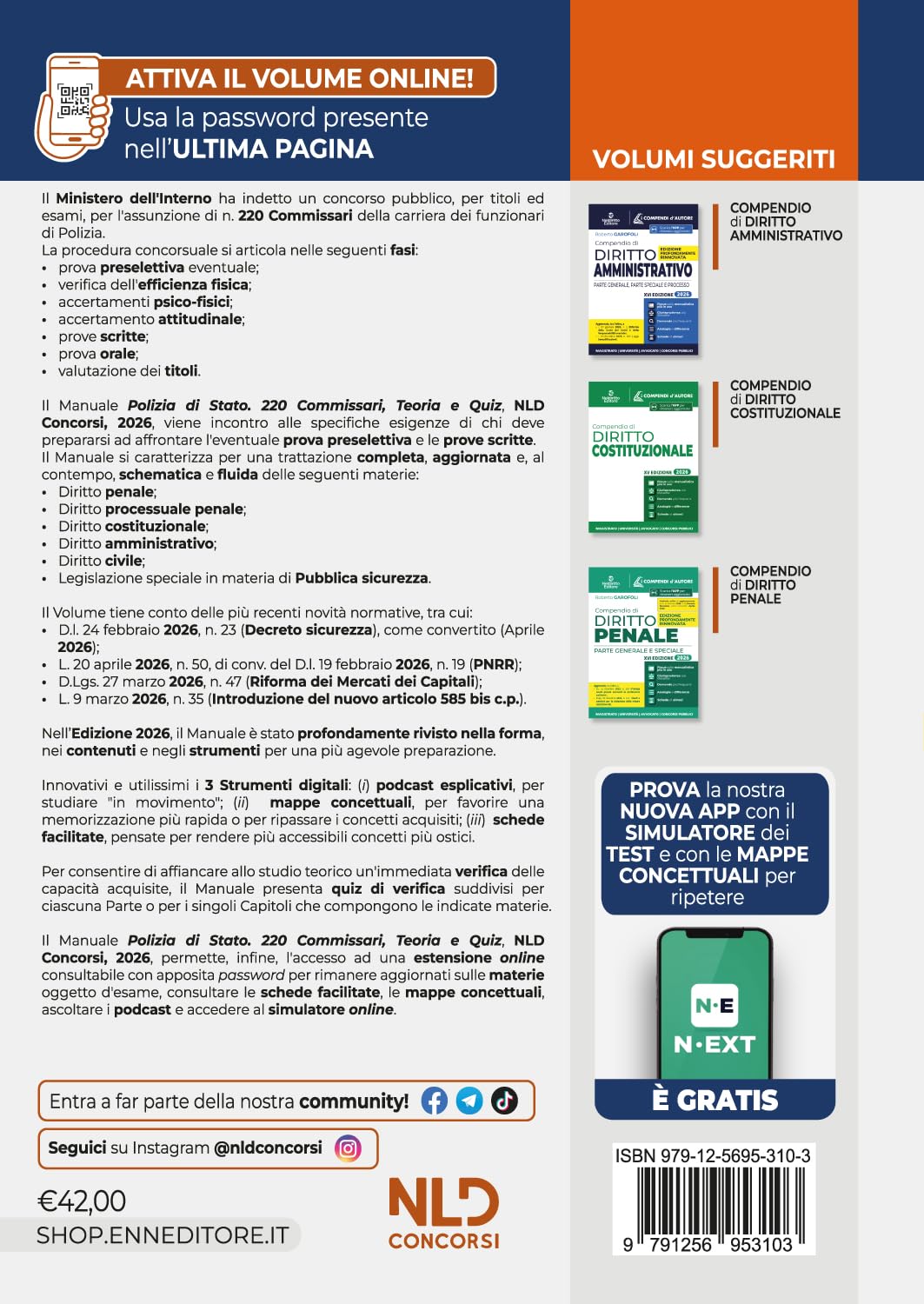 Concorso 220 Commissari Polizia di Stato 2026. Manuale di teoria e quiz per la prova preselettiva e per la prova scritta. Nuova ediz.