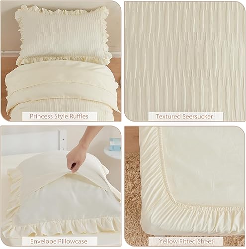Miniatura 5 de Juego de ropa de cama de 4 piezas con textura de sirsaca para niñas, juego de sábanas para cuna, color beige, con volantes, ropa de cama suave y