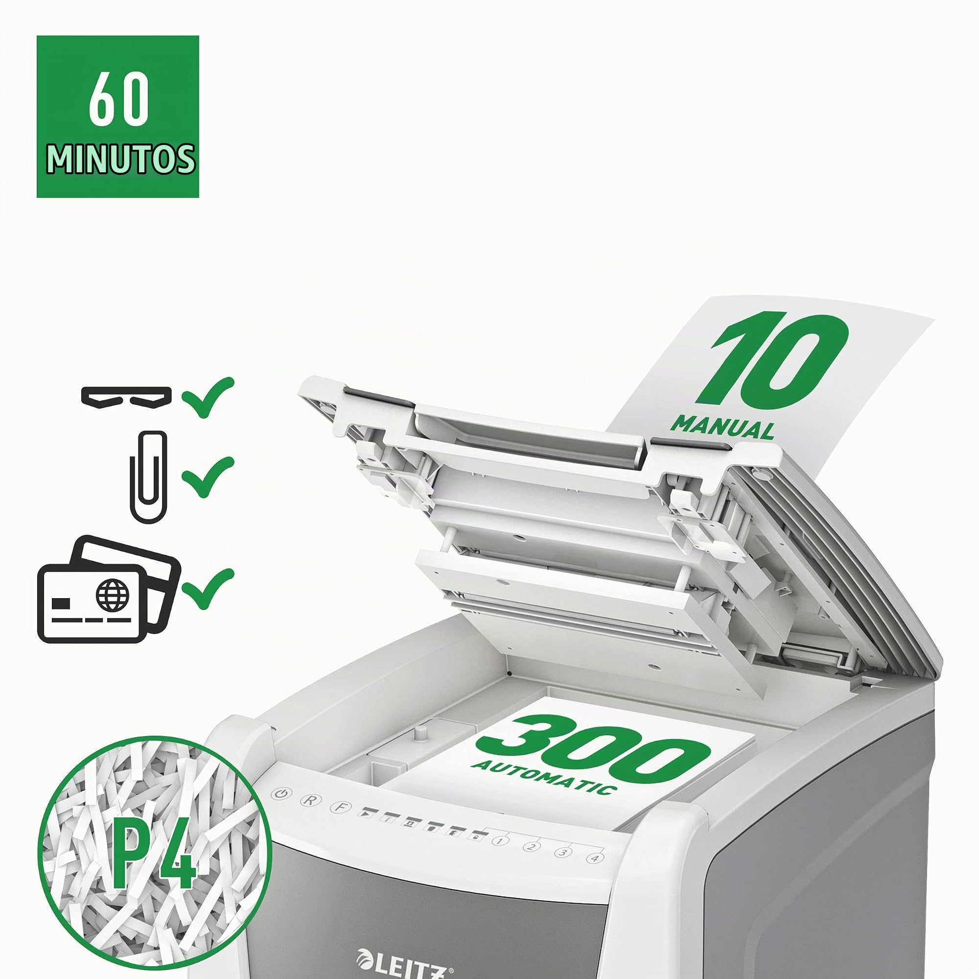 Leitz 80150000 – Destructora IQ 300 Autofeed P4 P4 300 Hojas 60L | Alimentación automática, tecnología antiatascos y destrucción de grapas, clips y tarjetas según modelo