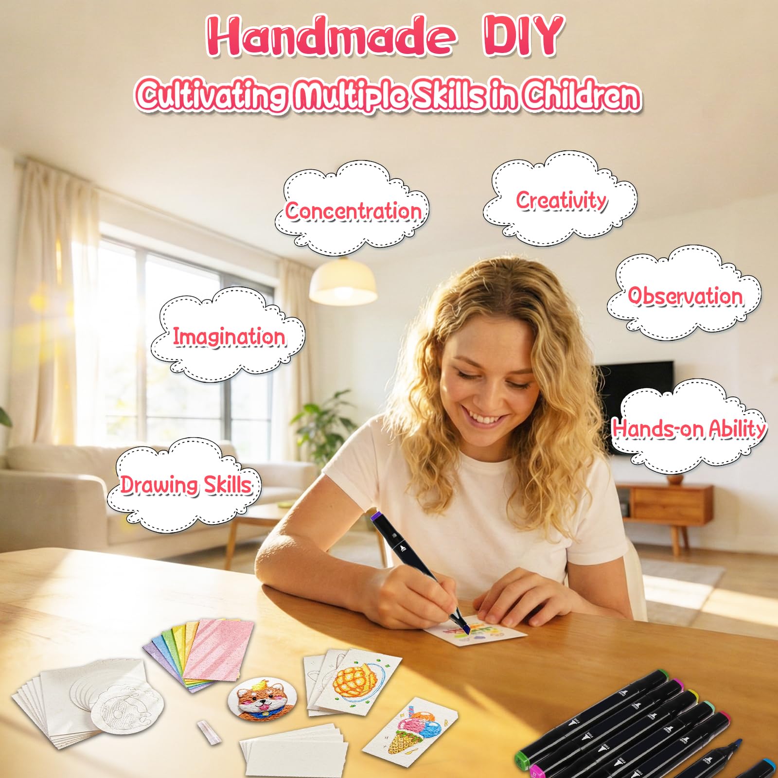 Tiiyee Kit di Pittura Magica 58 Pezzi, Disegno che Si Gonfia in Schiuma Set Arte per Bambini con 32 Carte Cavalletto Pennarelli Colori Pennelli e Accessori Regali Creativi 3D per Natale e Compleanno