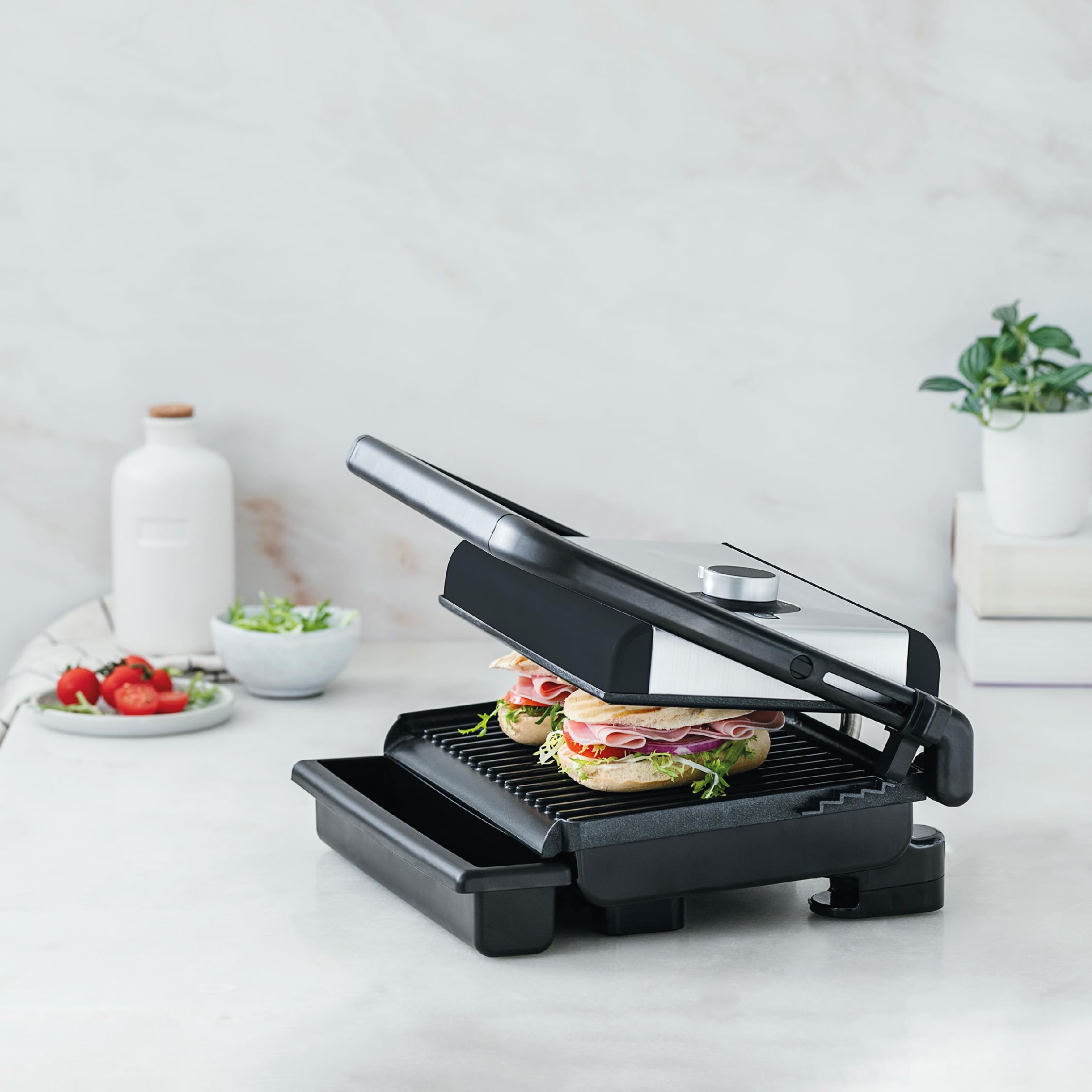 Lacor - 69573 - Grill Abatible Controlle, Parrilla Eléctrica, 4 Posiciones Altura, Regulador de Temperatura, Bandeja de Goteo Extraíble, Placas Aluminio Fundido, Ecológicas, 1500 W, 33.5x28x12.5 cm